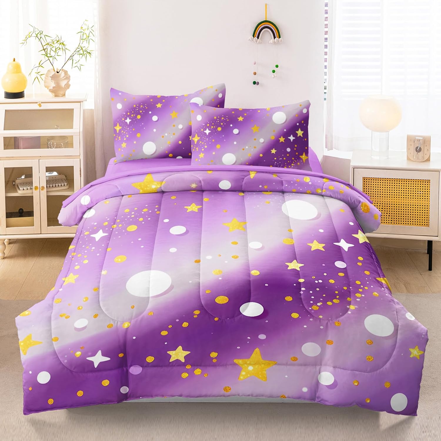 3 Pcs Full Bedding Sets for Girls, Purple Glitter Rainbow Full Size Bed Set, Stars Galaxy Bedding Comforter Set for Girls