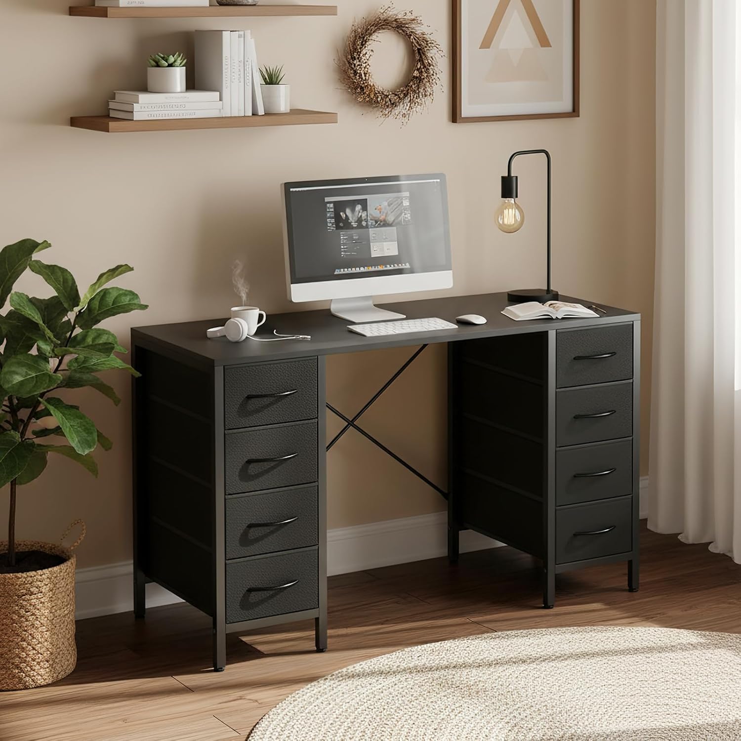 Sweetcrispy Computer Gaming Desk with 8 Storage Fabric Drawers, 47 Inch Home Office Bedroom Desk with Sturdy X-Frame, Modern Writing Study Work Table with Adjustable Feet, Black