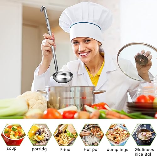 Vista 66 de meekoo Cucharón de acero inoxidable con mango de sopa con borde de vertido para cocina, cocina, salsa de sopa (4 onzas)