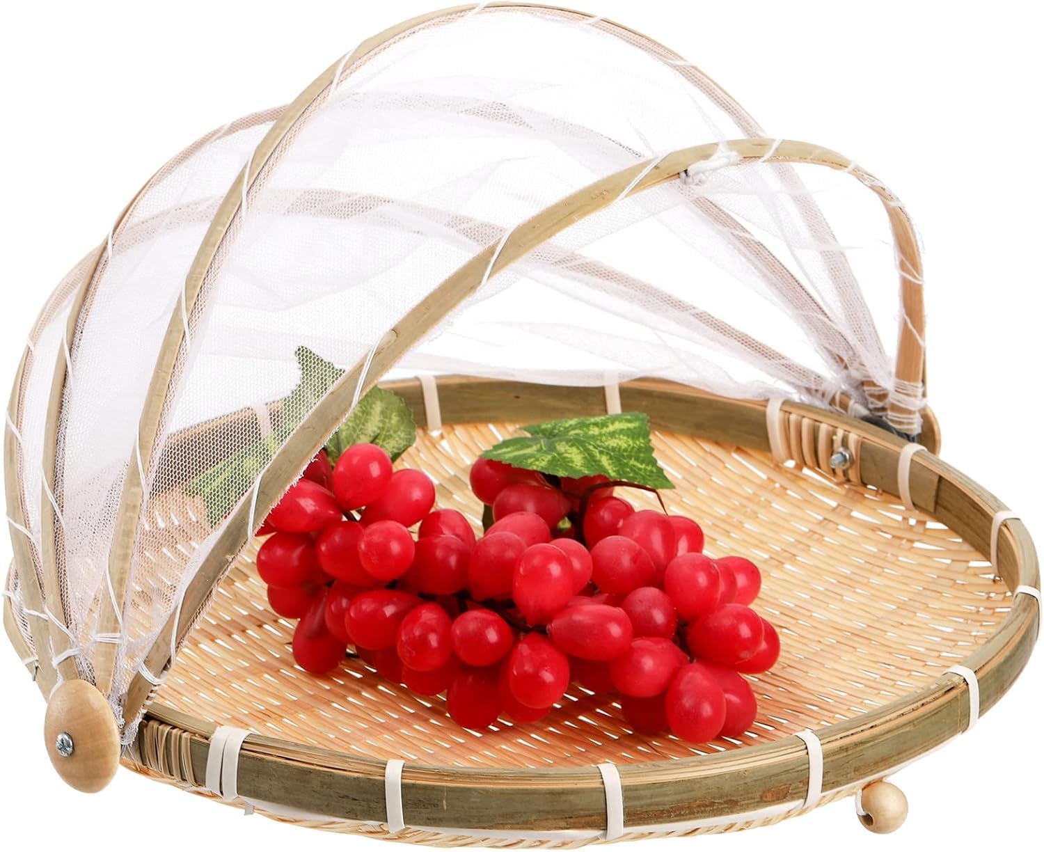 Store2508 Food Serving Tent Basket, 30cm Hand-Woven Bamboo Food Serving Basket with Cover Dustproof Round Picnic Tray for Vegetable Fruit Bread Meals-image-35