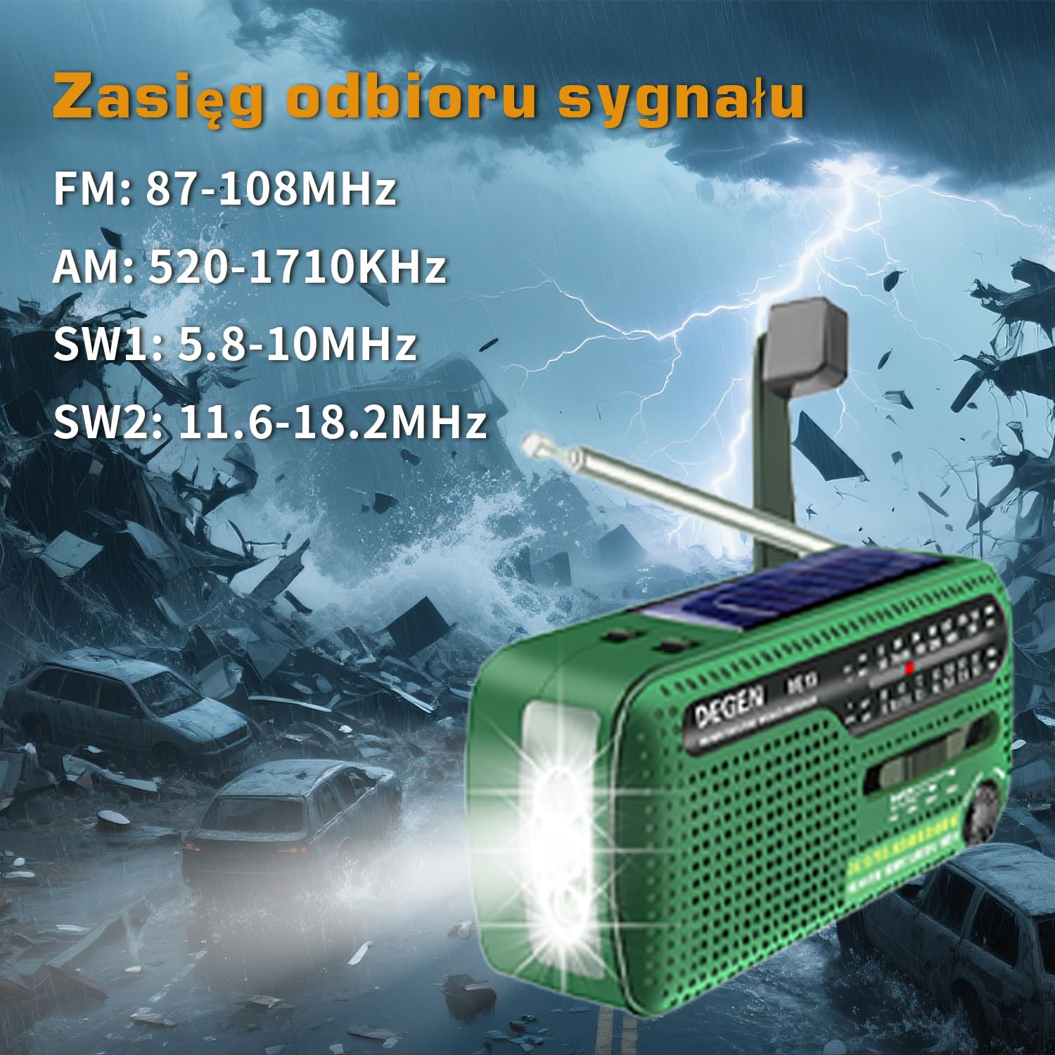 DEGEN DE13 Wind Up Radio korbowe solarne FM AM SW awaryjne radio pogodowe latarka SOS alarm ładowalny telefon komórkowy do użytku awaryjnego i na zewnątrz zielony
