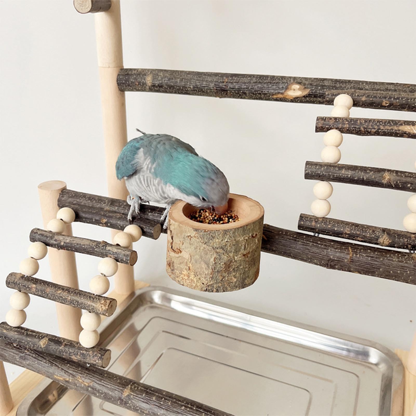 Supporto per uccelli, innovativo giochi per parrocchetti, 40 x 27 x 50 cm | in legno naturale, accessorio per gabbia con coppette per mangiare, posatoio per pappagalli per pappagalli, calopsitte