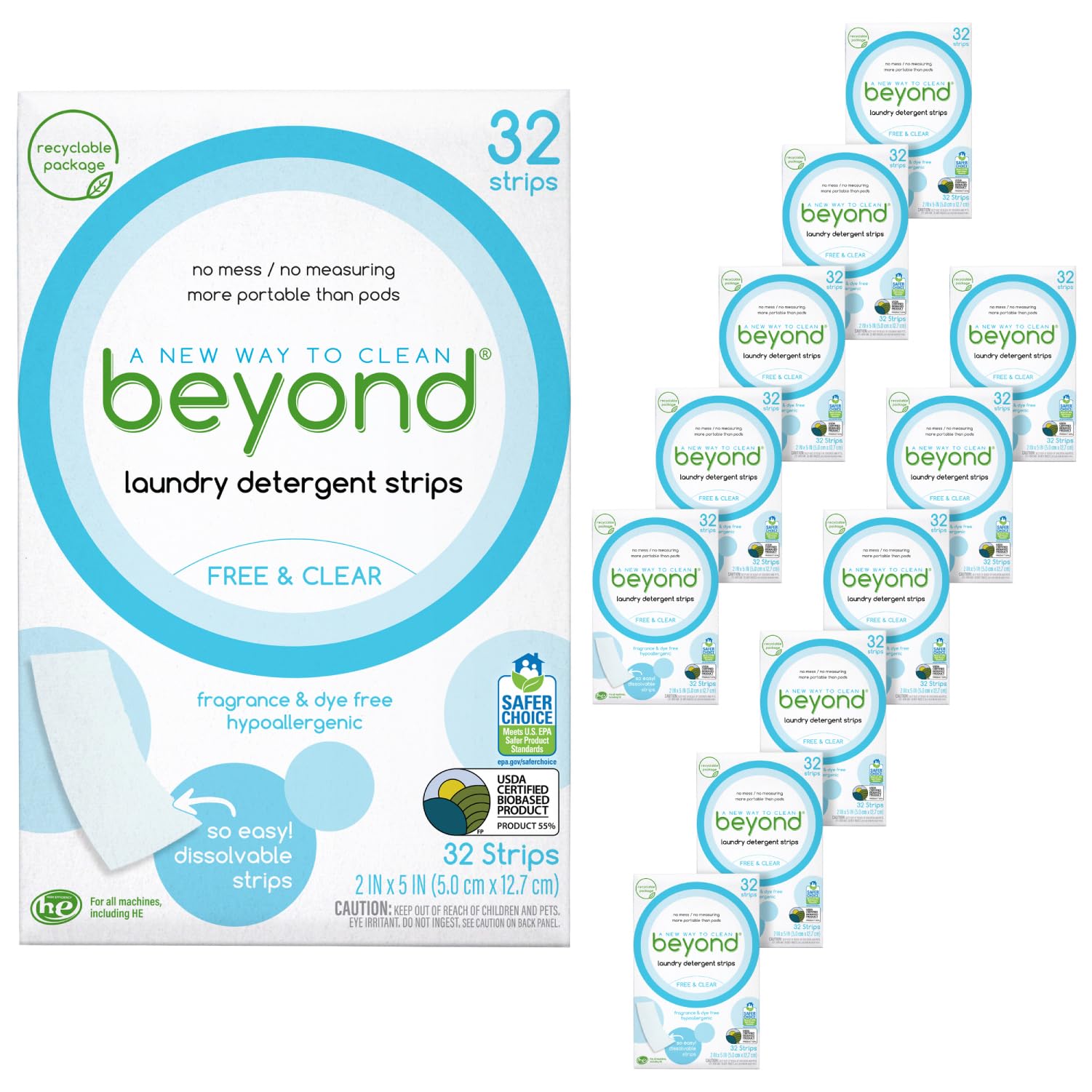 Beyond Laundry Detergent Strips [12 packs of 32 strips] - Free & Clear - Eco-friendly, Hypoallergenic. Travel friendly. Dissolvable Strips