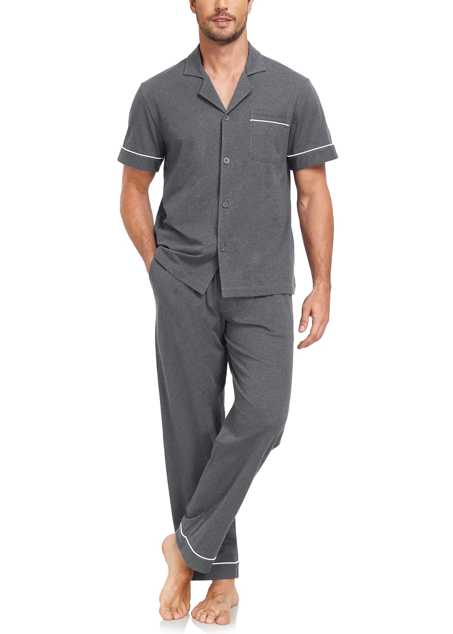 EA'S SECRET Mens 100% Cotton Pajamas Set Short Sleeve Loungewear with Long Pants Button Down Sleepwear Soft Comfy Pjs