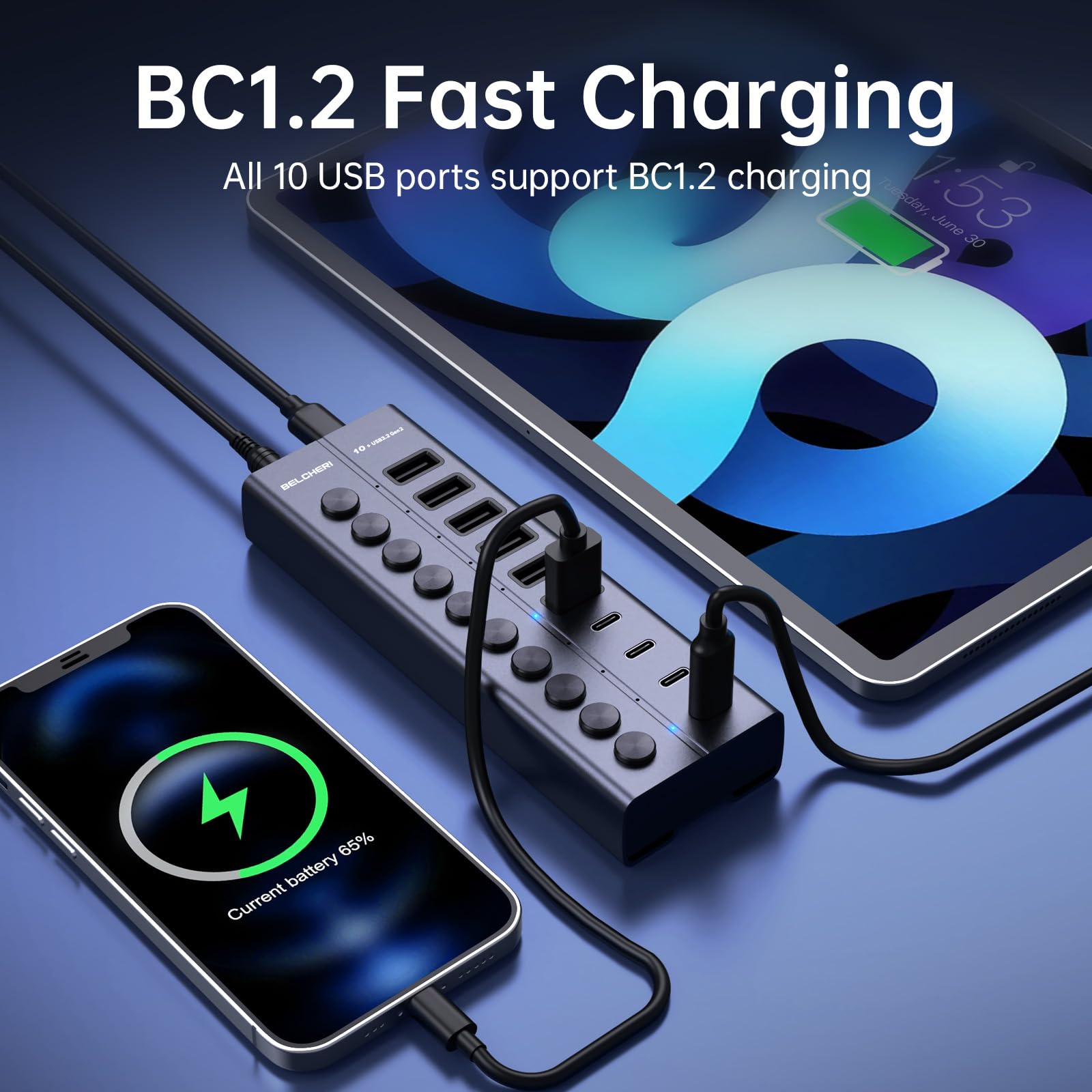 USB Hub mit Netzteil, 10-Port USB 3.2 Gen 2 10Gbit/s Aktiv Hub, Vollaluminium mit 60W (12V 5A) Powered, 6 USB-A & 4 USB-C Ports, Unterstützt BC1.2 Schnellladung