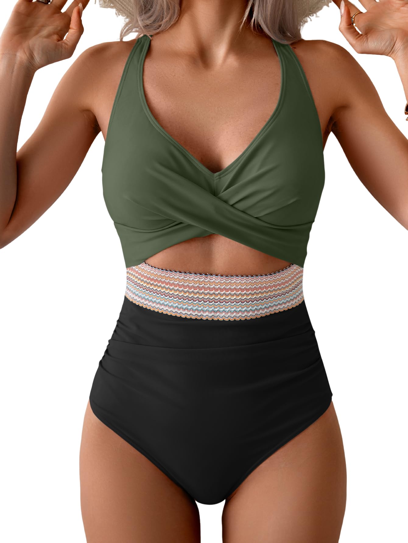 Photo 1 of B2prity One Piece Swimsuit for Women Tummy Control V Neck Bathing Suit Color Block High Waisted Cutout Swimwear