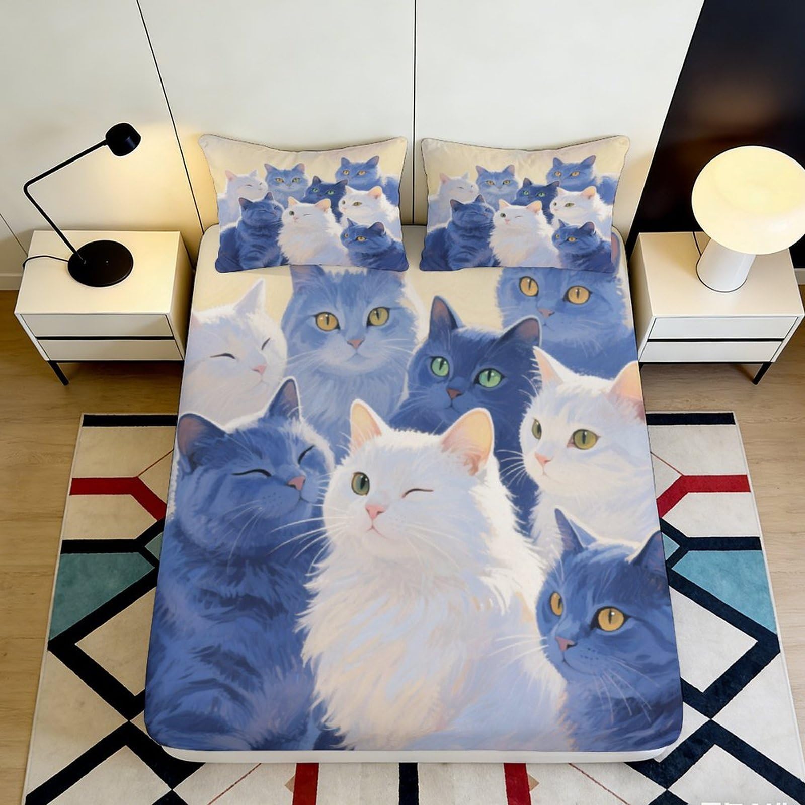 3D Printed White Cat Fitted Sheet Microfiber Blue Cat Mattress Cover for Bedroom Guest Room Decor Anti-Slip Washable 90x200x25cm