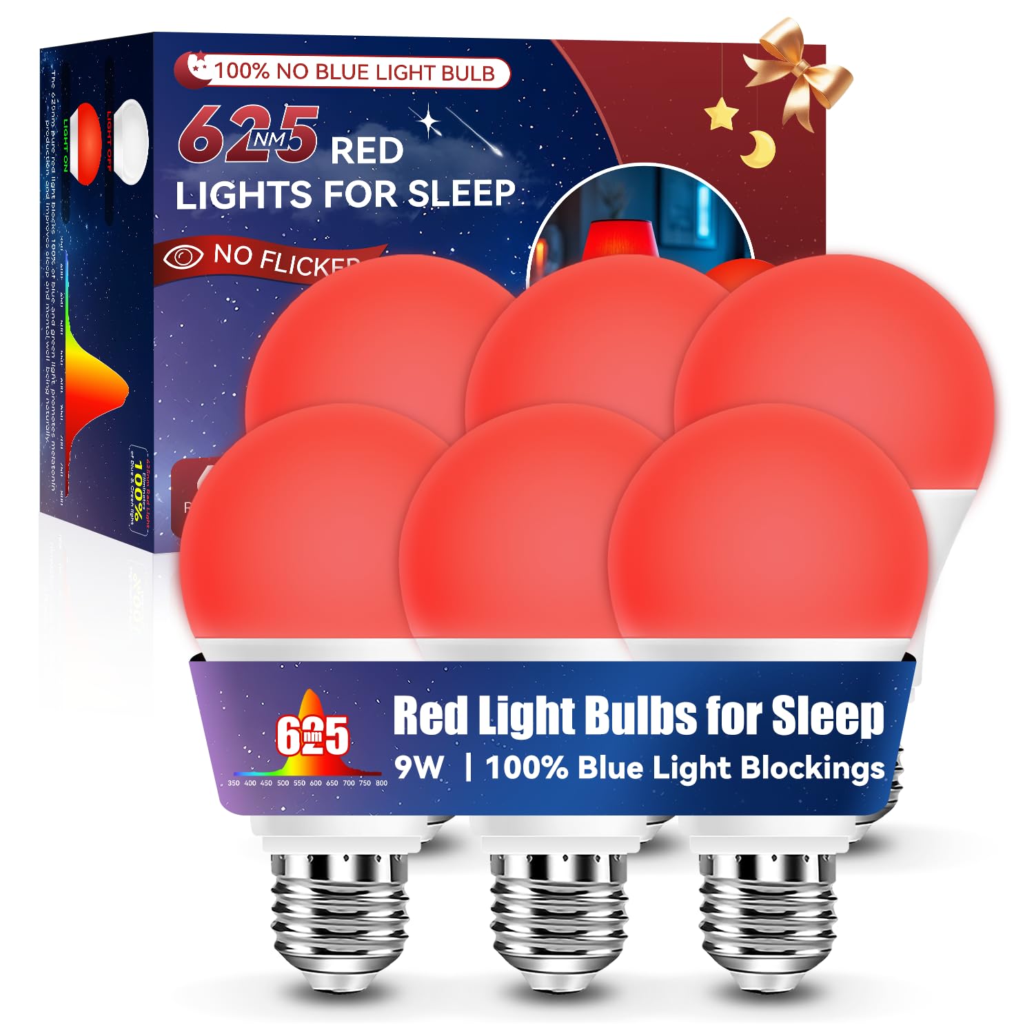 Neporal Red Light Bulbs for Sleep Aid—Ture Blue Light Blocking—625nm 9W 6PK