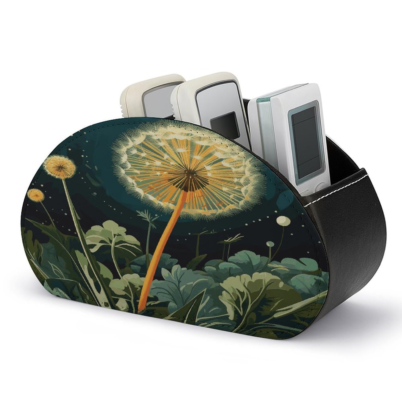 LZQPOEAS Dandelions at Night Remote Control Holder with 5 Compartments PU Leather Remote Organizer Box Caddy for Table Nightstand Remote Caddy Desktop Organizer Fits Media Controllers