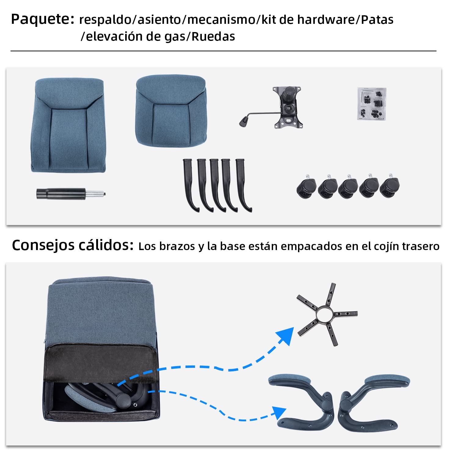 MZLEE Silla Escritorio Ergonómica de Tela, Silla Oficina, Azul | Reposabrazos Abatibles, Soporte Lumbar, Capacidad 150 kg, Giratoria, Azul Marino