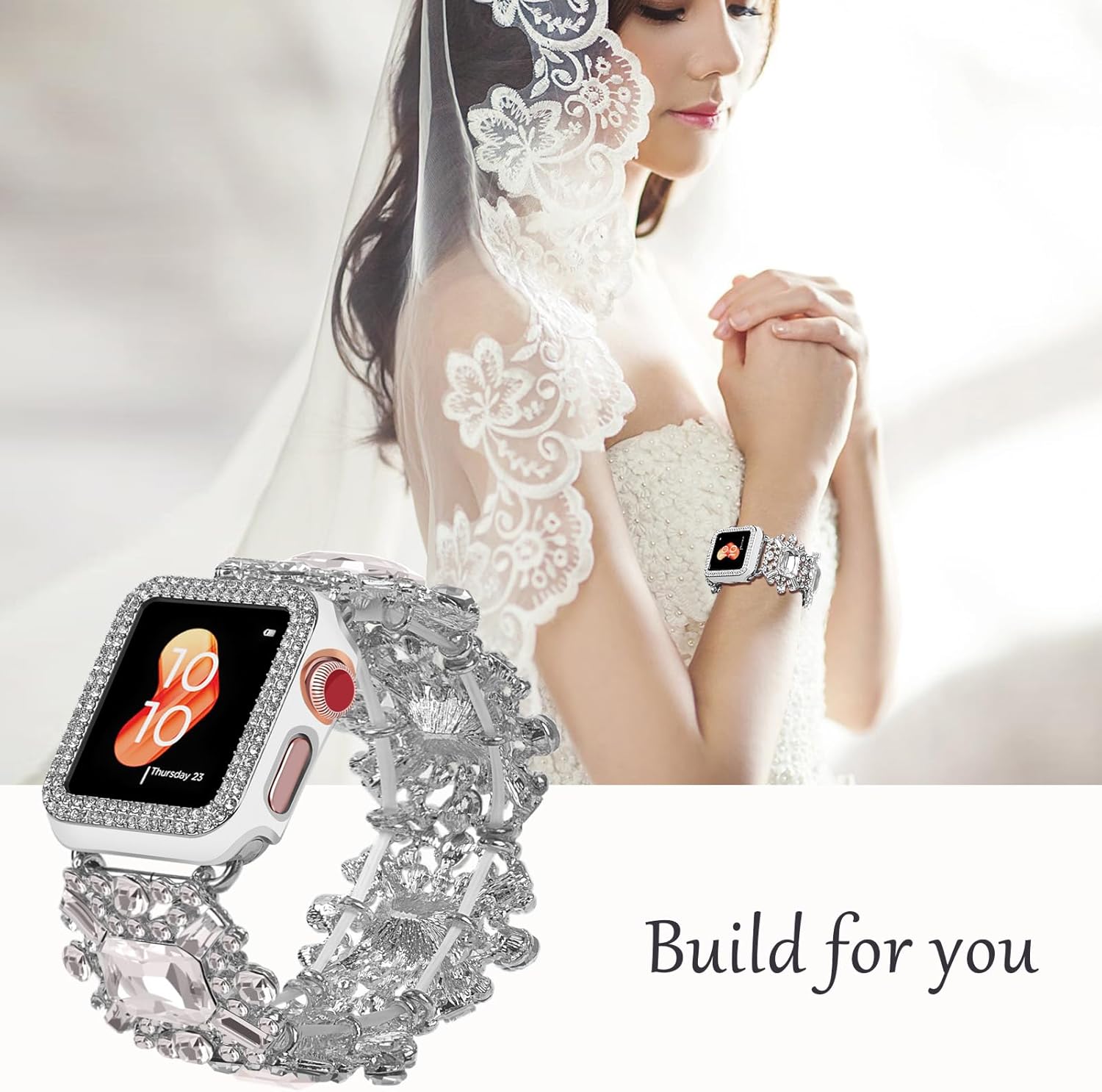 Bling Band with Case Compatible with Apple Watch Bands Series 9 8 7 SE 45mm 44mm 40mm 38mm 41mm 42mm for Women, Smart Watch Bracelet Straps with Starlight Cover, Pearl Dressy Cute Elastic Diamond Wristband for iWatch bands 6 5 4 3 2