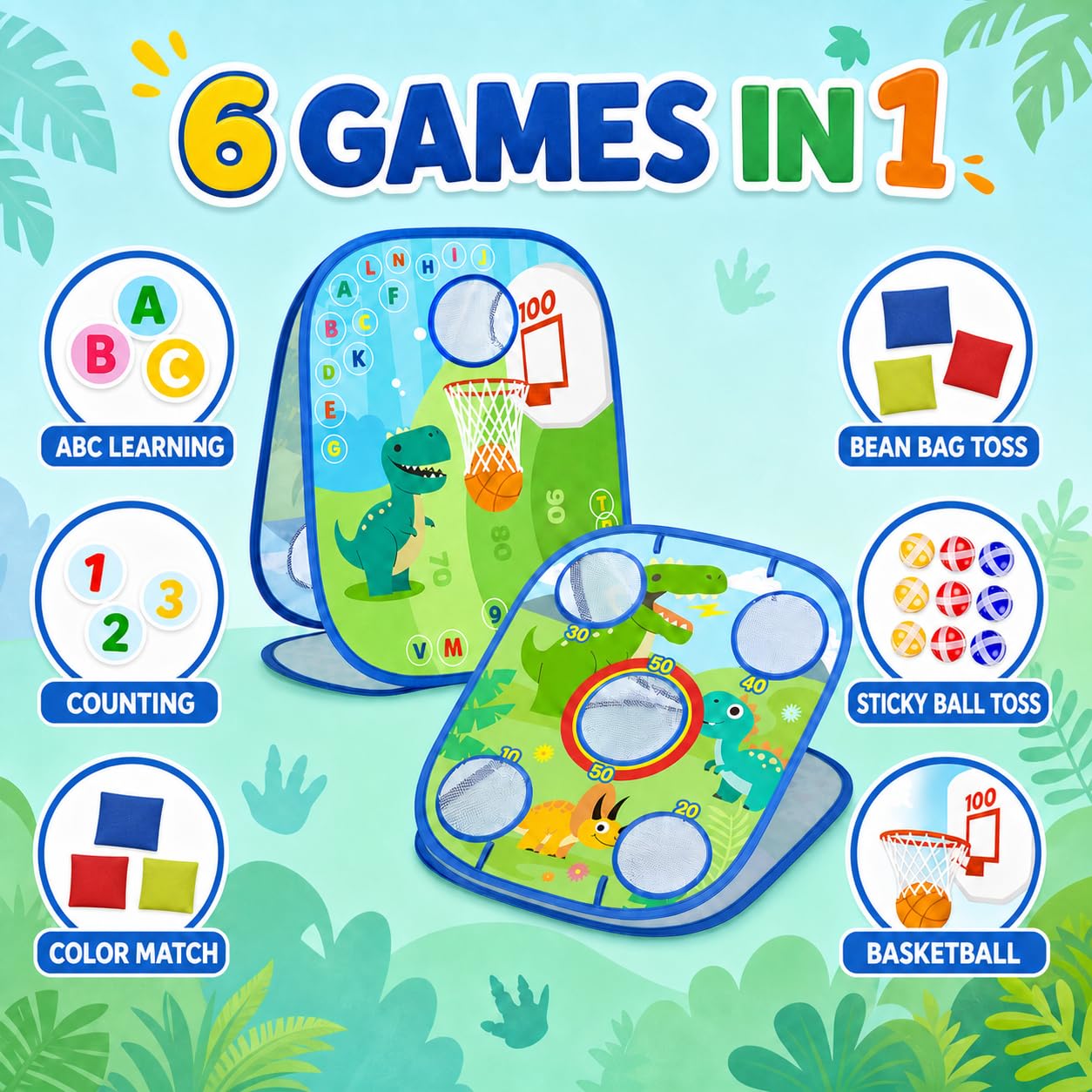 Gioco di lancio 6 in 1 a sacco di dinosauro - Giocattoli all'aperto per bambini 1-3, alfabeto ABC e apprendimento matematico - Gioco per feste in giardino per