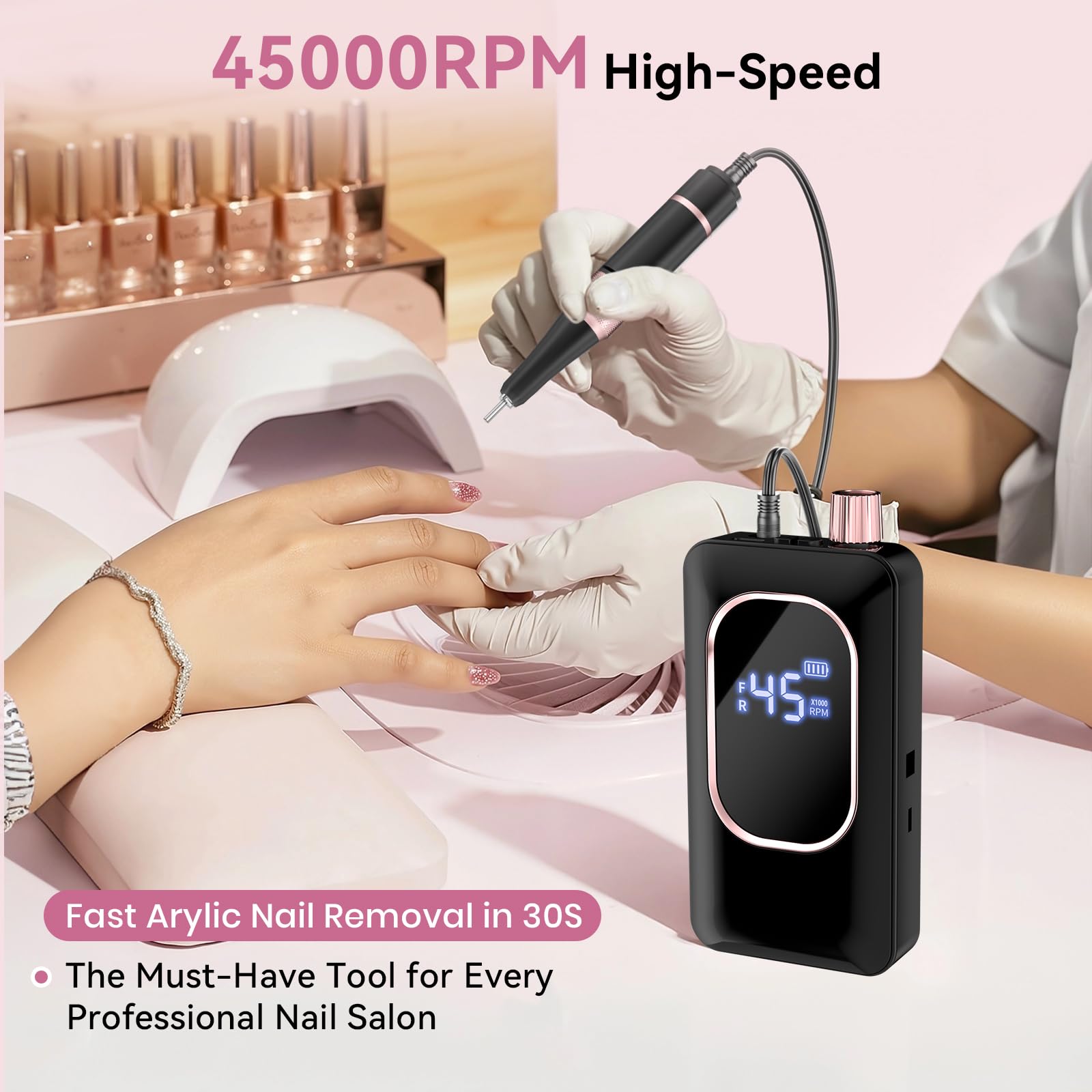 Elektrische Nagelfeile, Schwarze Nagelbohrmaschine Pro Wiederaufladbar 4000mAh mit 8 Stunden Laufzeit, 45000U/min Acryl Nagel Kit für Gel, E Feilen Set mit 6 Bits, 7 Bändern, LED-Bildschirm