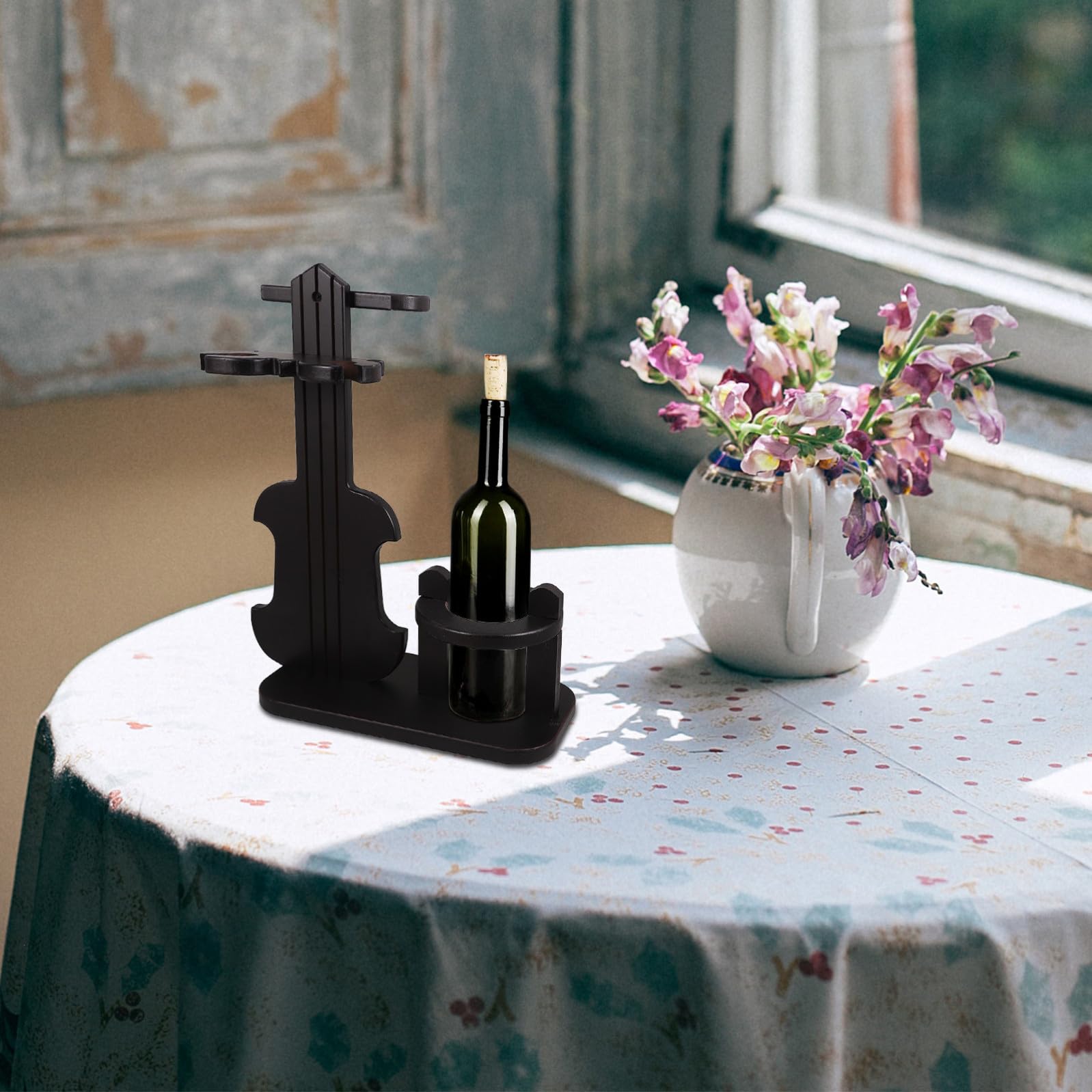 SECFOU Wine Rack Portabottiglie in Legno Forma di Violino con Portacalici Capovolti per Cucina Soggiorno Bar Arredamento Decorativo per Appassionati di Vino