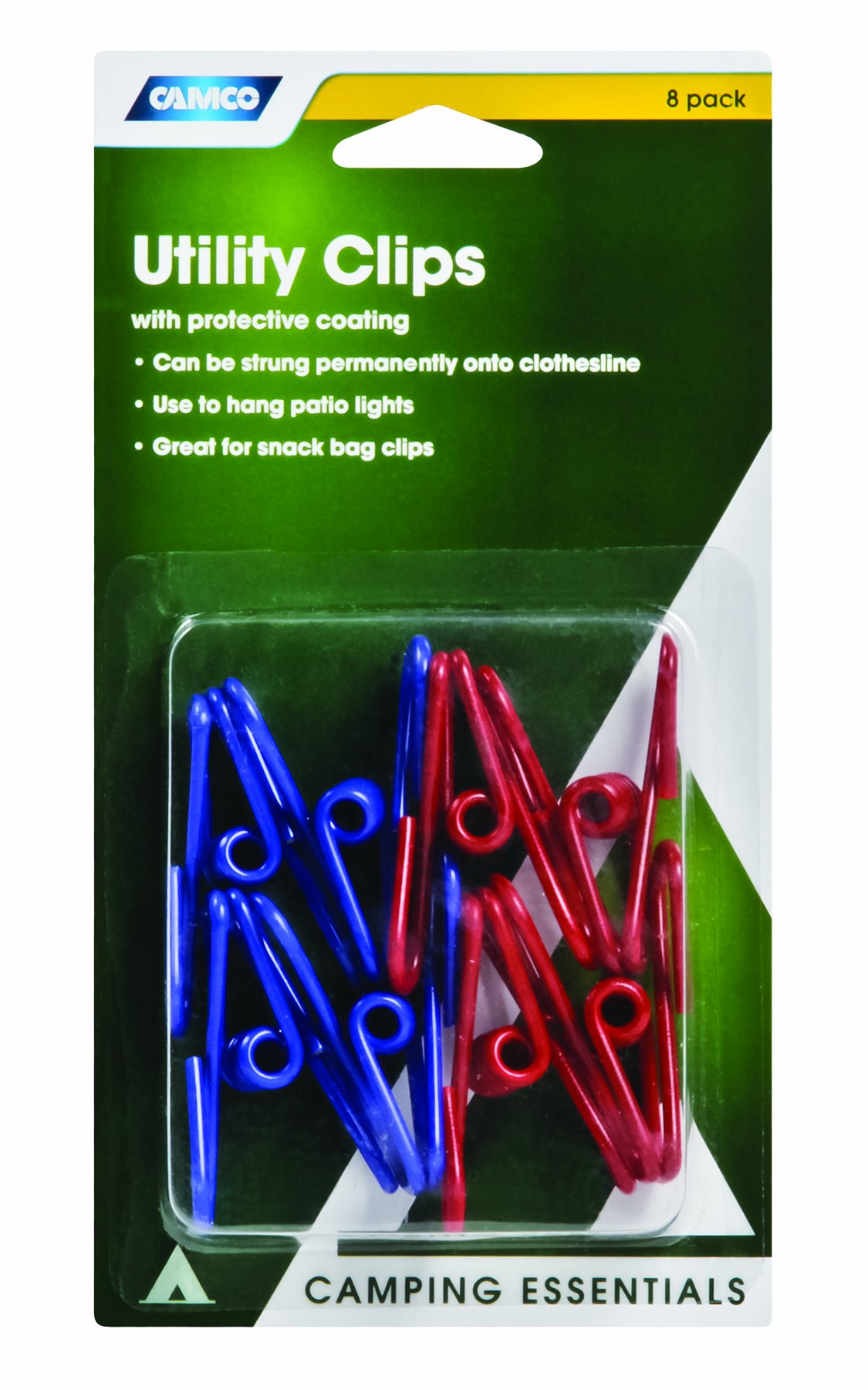 Camco Camping Essentials Utility Clips - Durable Clips to Hang Patio Lights or Use as Clothesline Clips at Campsites, Camper & RV Parks, and More | Also Great as Snack Bag Clips - 8 Pack (51037)