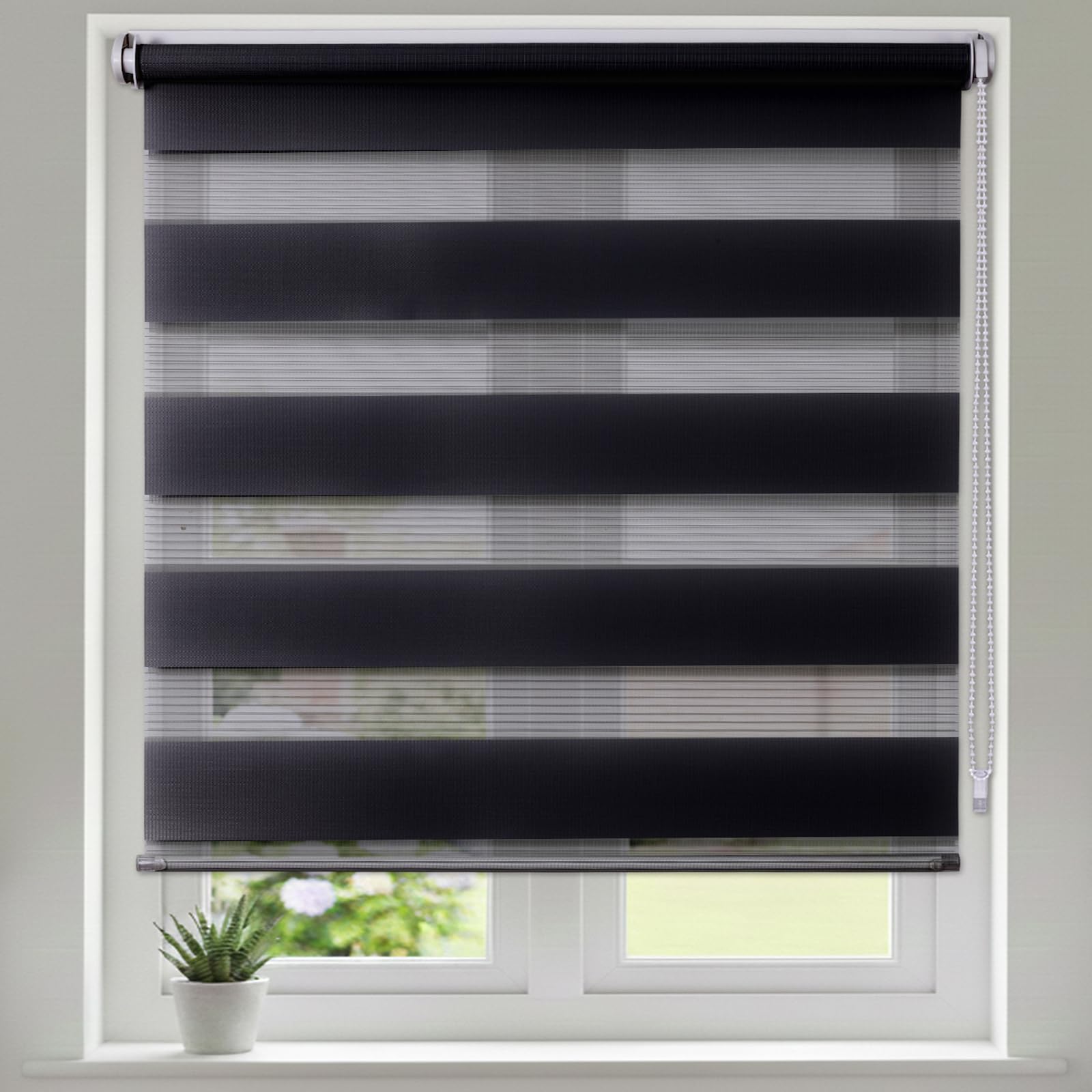 Maritown No Drill Day and Night Zebra Roller Blinds for Windows Double Layer Light Filtering Privacy and Blackout Blinds Stick on Easy Fit for Bedroom,Kitchen,Bathroom (Black, 100W x 160H cm)