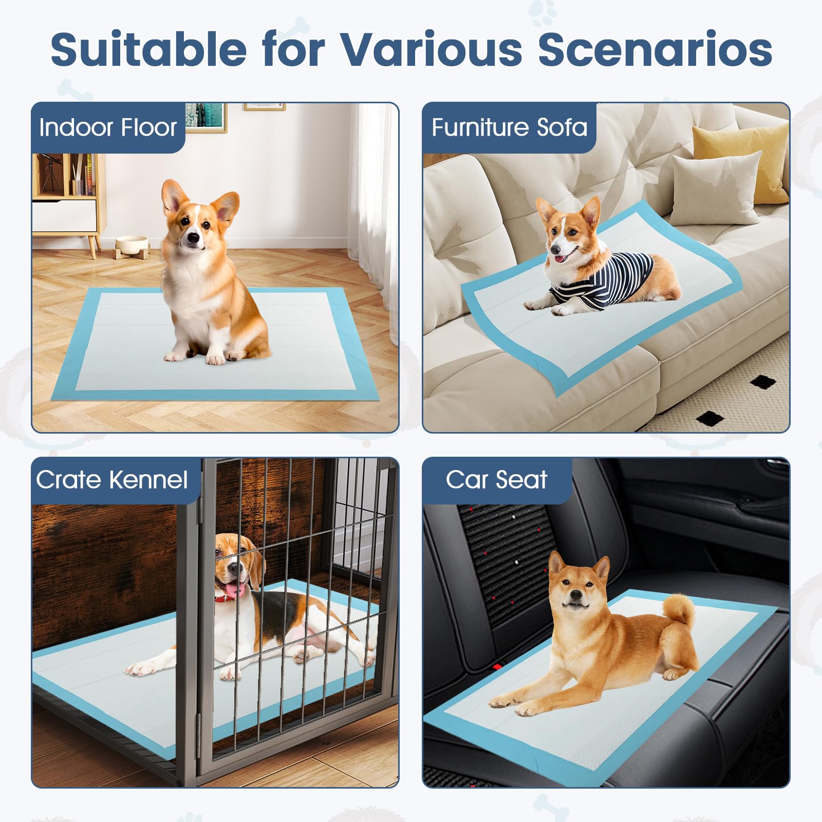 FANTASK Matten für Hunde, 150 Stück Trainingspads, Auslaufsicheres 6-lagiges Design, Hygieneunterlagen Einwegpads, schnelltrocknend, Welpen Unterlagen (90 x 60 cm), Blau+weiß