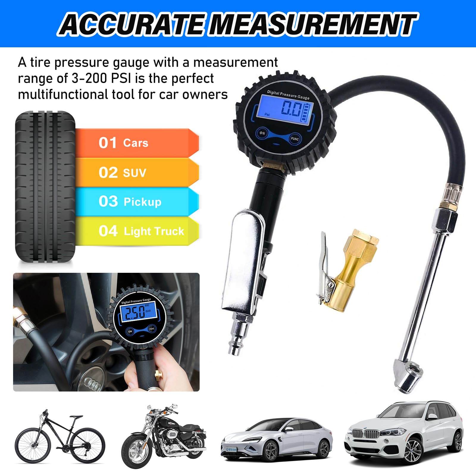 Testeur de pression d'air - Gonfleur de pneu - Avec manomètre, manomètre - Testeur de pression d'air numérique avec écran LCD rétroéclairé - Pour véhicule, moto, voiture
