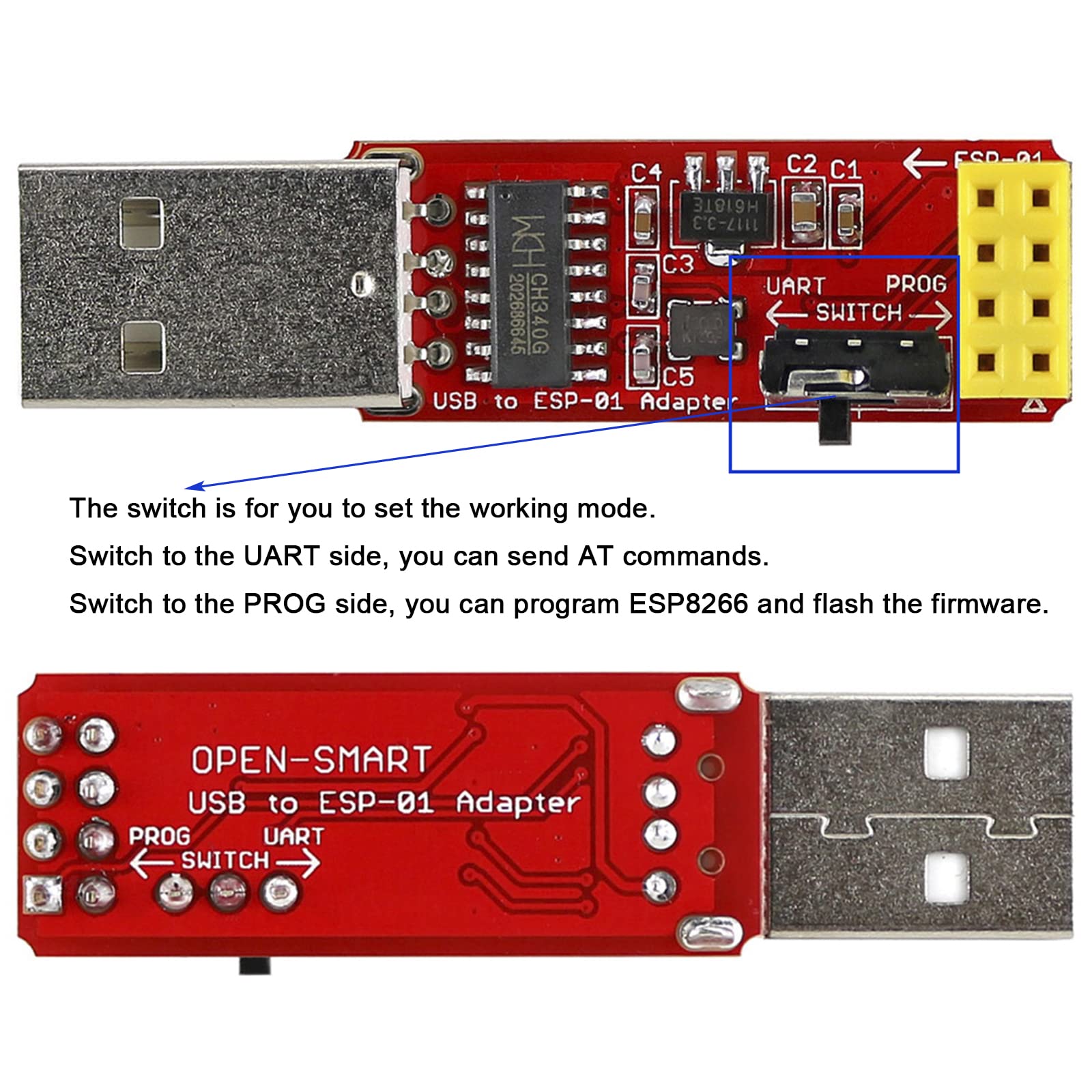 Wishiot USB to ESP-01S Wireless Adapter Module CH340G Programmer + XH-C2X WiFi BT Module 4mb Flash ESP8684H4 Chip ESP 01S ESP-01S WiFi Module Updated Version