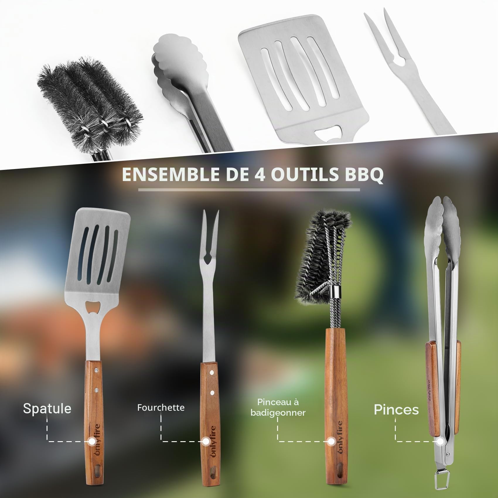 Onlyfire Set de Ustensiles pour Barbecue en Acier Inoxydable, 4 Pièces avec Poignées en Bois