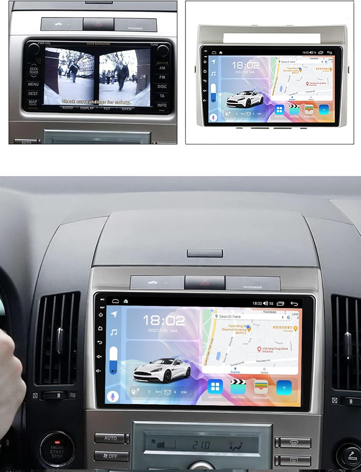 Comparison of original Toyota Corolla Verso dashboard with the NALsa Android Car Stereo installed.