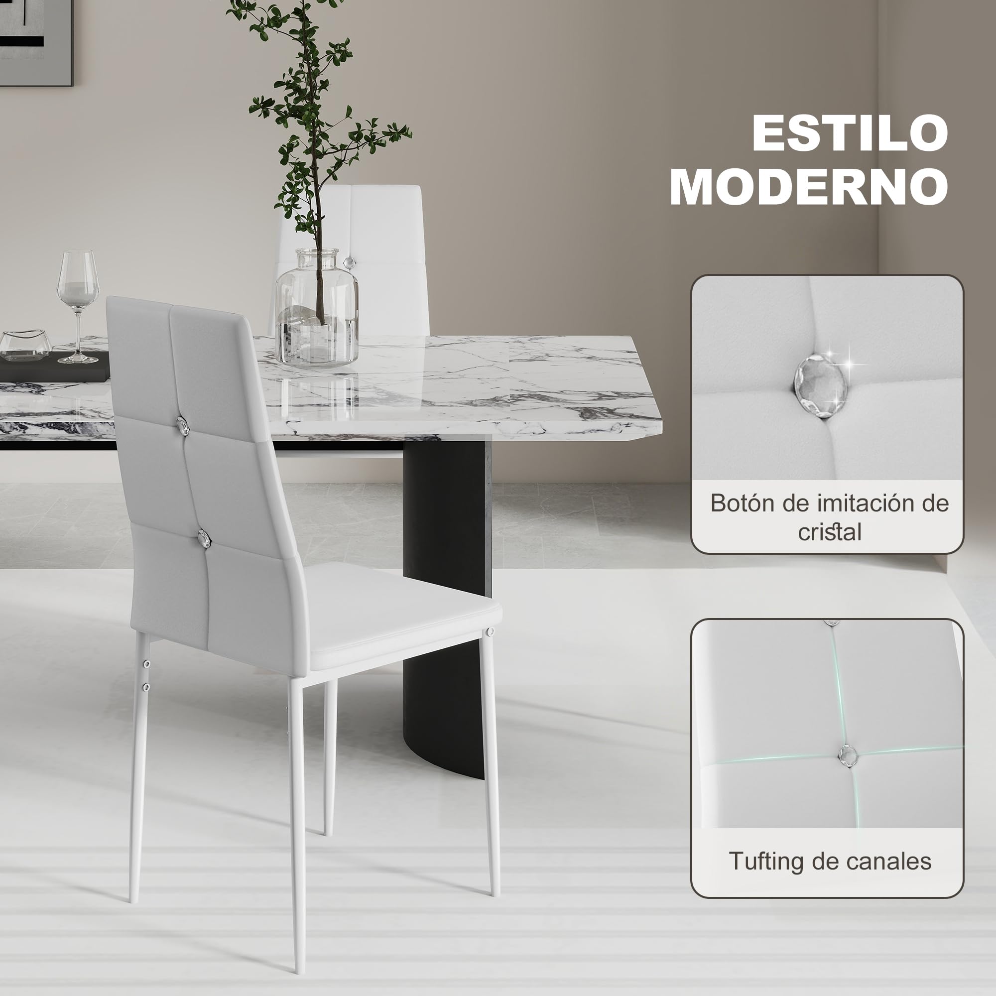 HOMCOM Juego de 6 Sillas de Comedor con Respaldo Alto para Salón Blanco | Tapizada en PU, Sillas de Cocina Modernas, Botones, Patas de Acero, Dormitorio