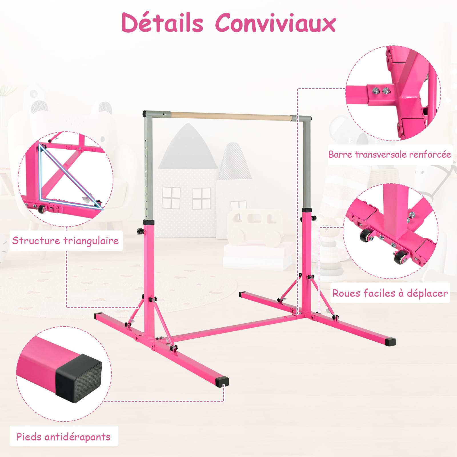 COSTWAY Barre de Gymnastique Pliable pour Enfants avec 13 Hauteurs Réglables (90-150cm), Barre d'Entraînement Extensible avec Structure Triangulaire, Charge 100kg pour Maison Salle de Gym