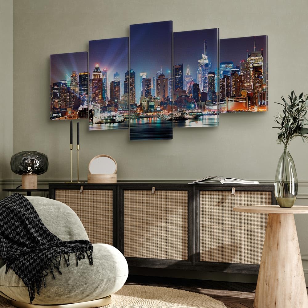 B&D XXL - Tableau Décoration 200x100 cm 5 Parties - Impression sur Toile Cadre en Bois Salon Chambre Déco Murale Tableaux Maison Bureau Cuisine - Ville New York Nuit 9020099