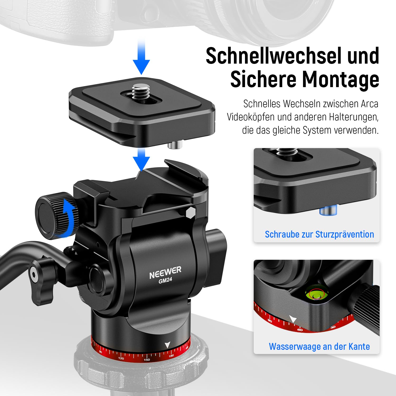 NEEWER Stativ Fluidkopf Pan Tilt Head mit Schnellwechselplatte und Griff, Metall Kamera Stativkopf kompatibel mit Arca Swiss für kompakt Videokameras DSLR Kameras, Belastbar bis zu 3kg,GM24(Rot)