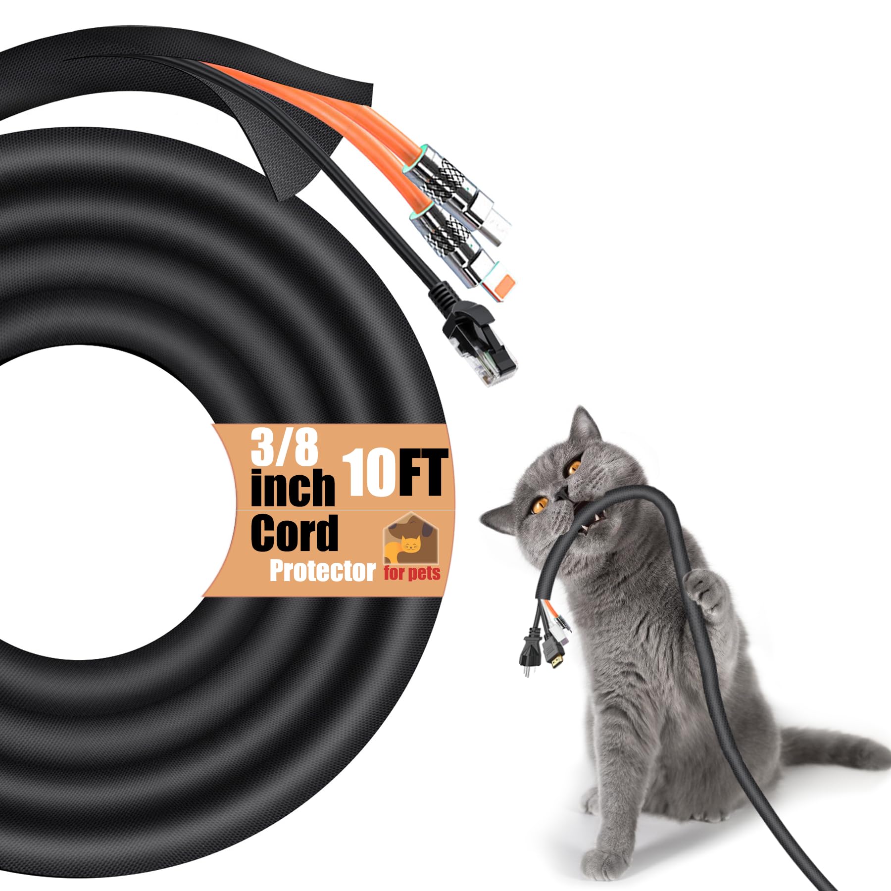Cord Protectors from Pets no Chew, 10ft Cord Covers for Pets, 3/8Inch Wire Covers for Cords, Cable Sleeves Cord Management for USB, Power, Audio and Video Cords
