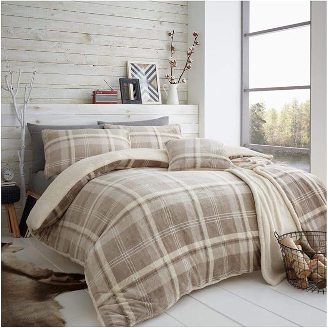 GC GAVENO CAVAILIA Teddy Fleece Check Duvet Set Double Bed, Soft & Fluffy Thermal Quilt Checked Bedding, Natural