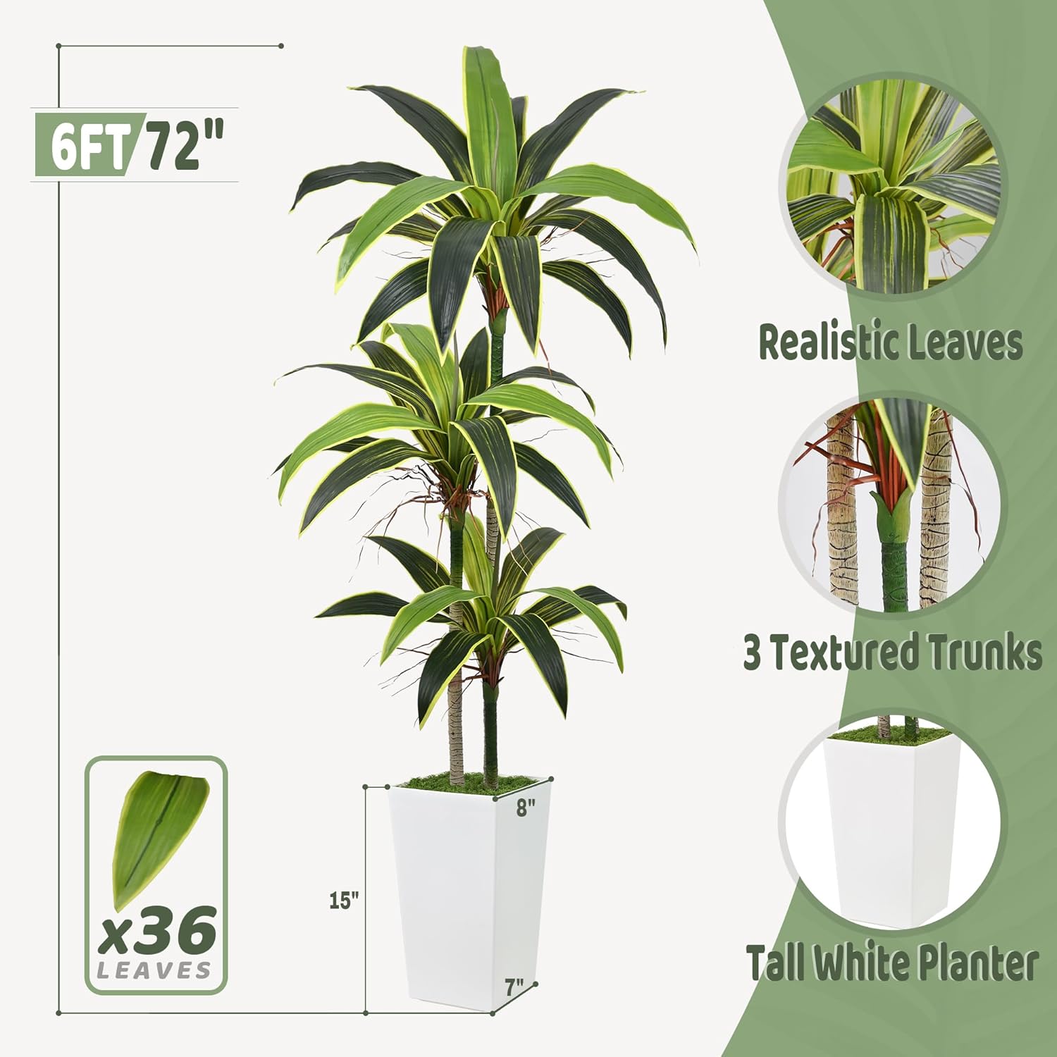 Artificial Dracaena Tree 6FT with 36 Leaves & 3 Heads & White Tall Planter Cover with Green Moss Realistic Tall Large Fake Faux Tropical Yucca Silk Plant for Indoor Home Office Porch Decor - Image 3