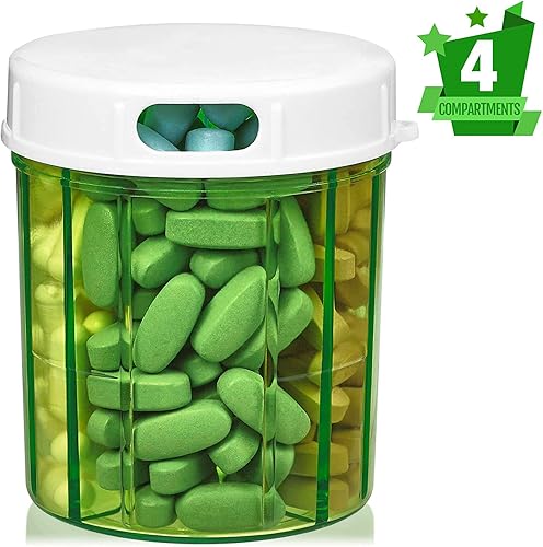 Miniatura 7 de Dispensador redondo de pastillas, paquete de 2, cajas de pastillas con 4 compartimentos para medicamentos, vitaminas y suplementos, botella de