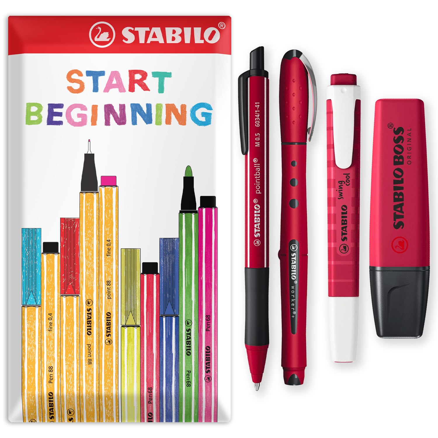 STABILO NatureCOLORS Wildflower Pen Set | BOSS ORIGINAL & swing cool Highlighter & pointball Ballpoint Pen & worker+ Rollerball with Blue Ink | Gift Set of 4 (Burgundy)