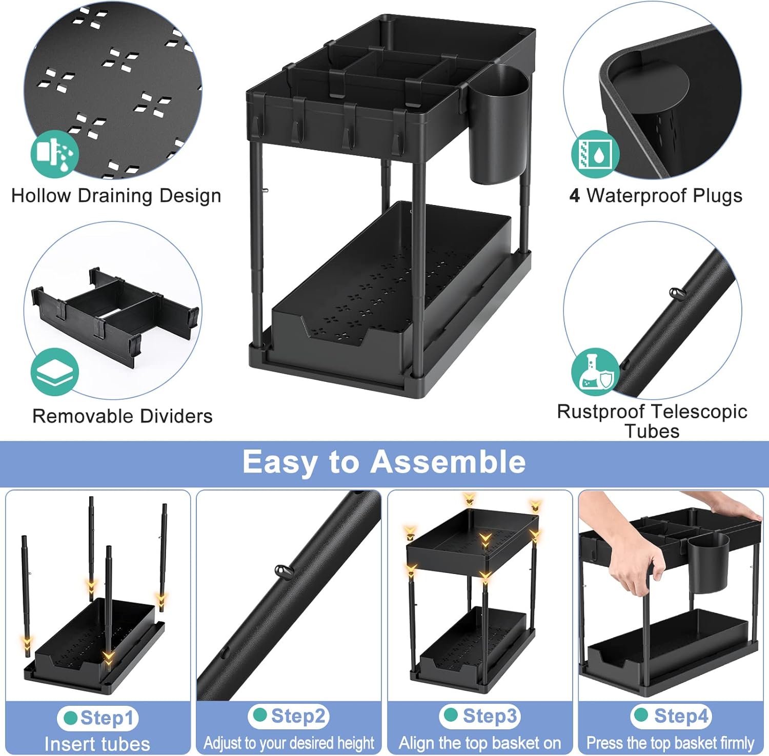 Under Sink Organizers and Storage, 2 Tier Black Bathroom Cabinet Organizer with 4-Height Adjustable Telescopic Tube,4 Removable Dividers,4 Hooks,1 Cup, Kitchen Under Sink Organizer,1 Pack