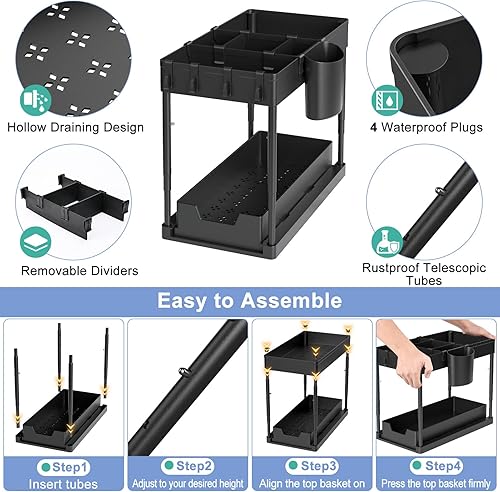 Miniatura 5 de Organizadores y almacenamiento para debajo del fregadero, organizador de gabinete de baño negro de 2 niveles con tubo telescópico ajustable de 4