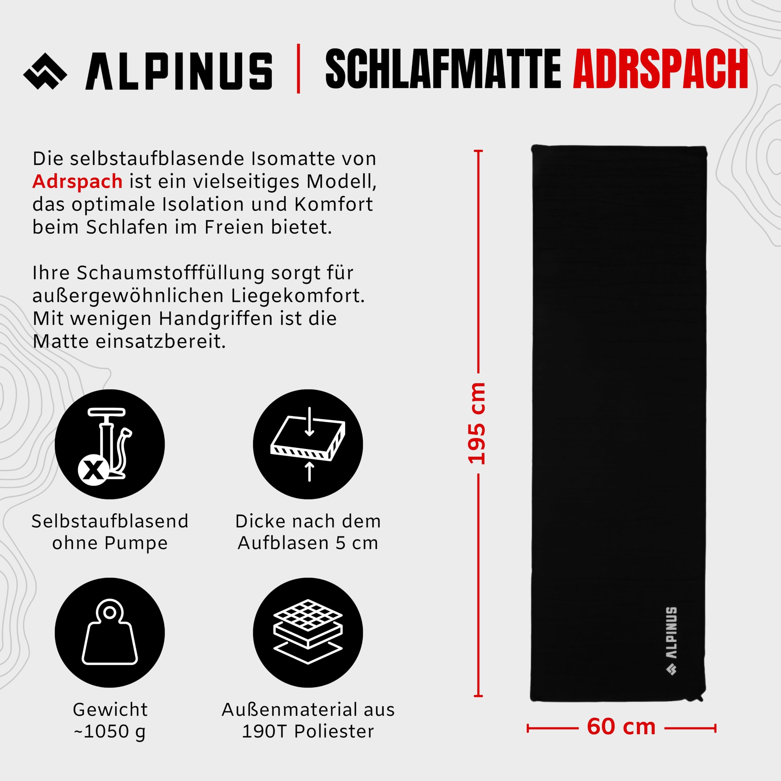 Alpinus - Karimata Samopompująca Adrspach M LC35024, Mata Samopompująca 195 x 60 x 5 cm, Materac Dmuchany, Wymiary Opakowania 61 x 12 cm - antracyt