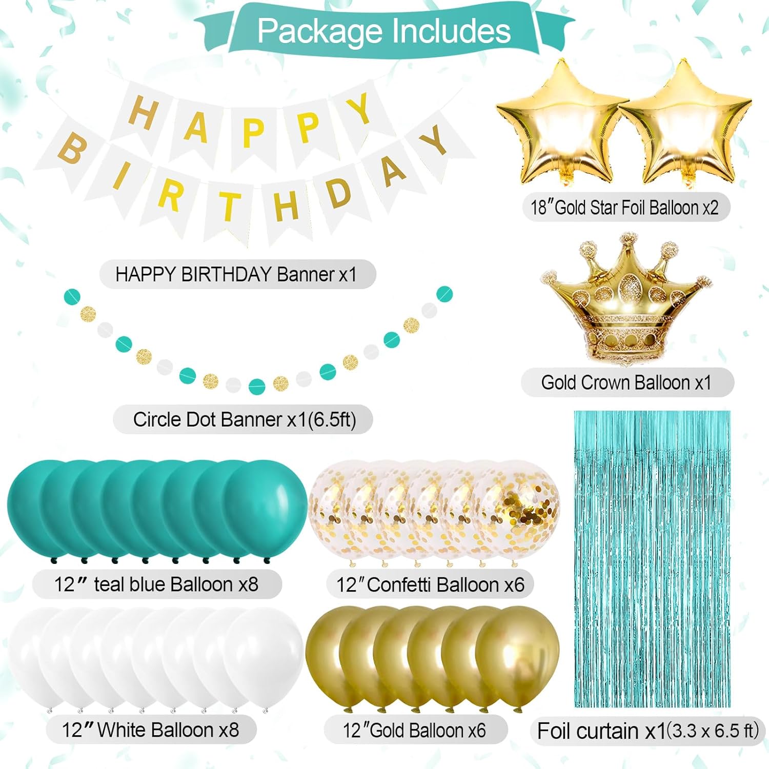Teal Blue and Gold Birthday Party Decorations Happy Birthday Banner Turquoise Aqua Teal Balloons Foil Fringe Curtain Tissue Pom Poms for Women Girls men boys - Image 2