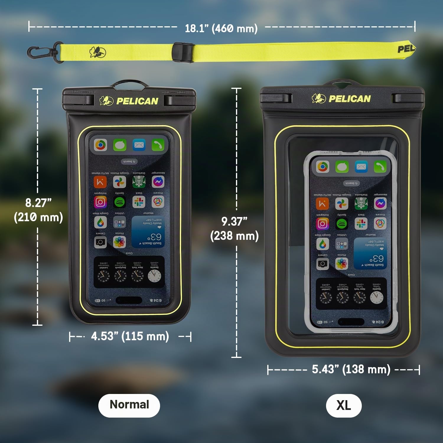Pelican Marine - Funda impermeable IP68 para teléfono (tamaño XL), funda flotante impermeable para iPhone 15 Pro Max/14 Pro Max/13/12/S24 Ultra/S23/S22/Pixel 8 - Cordón desmontable - Negro/Amarillo de