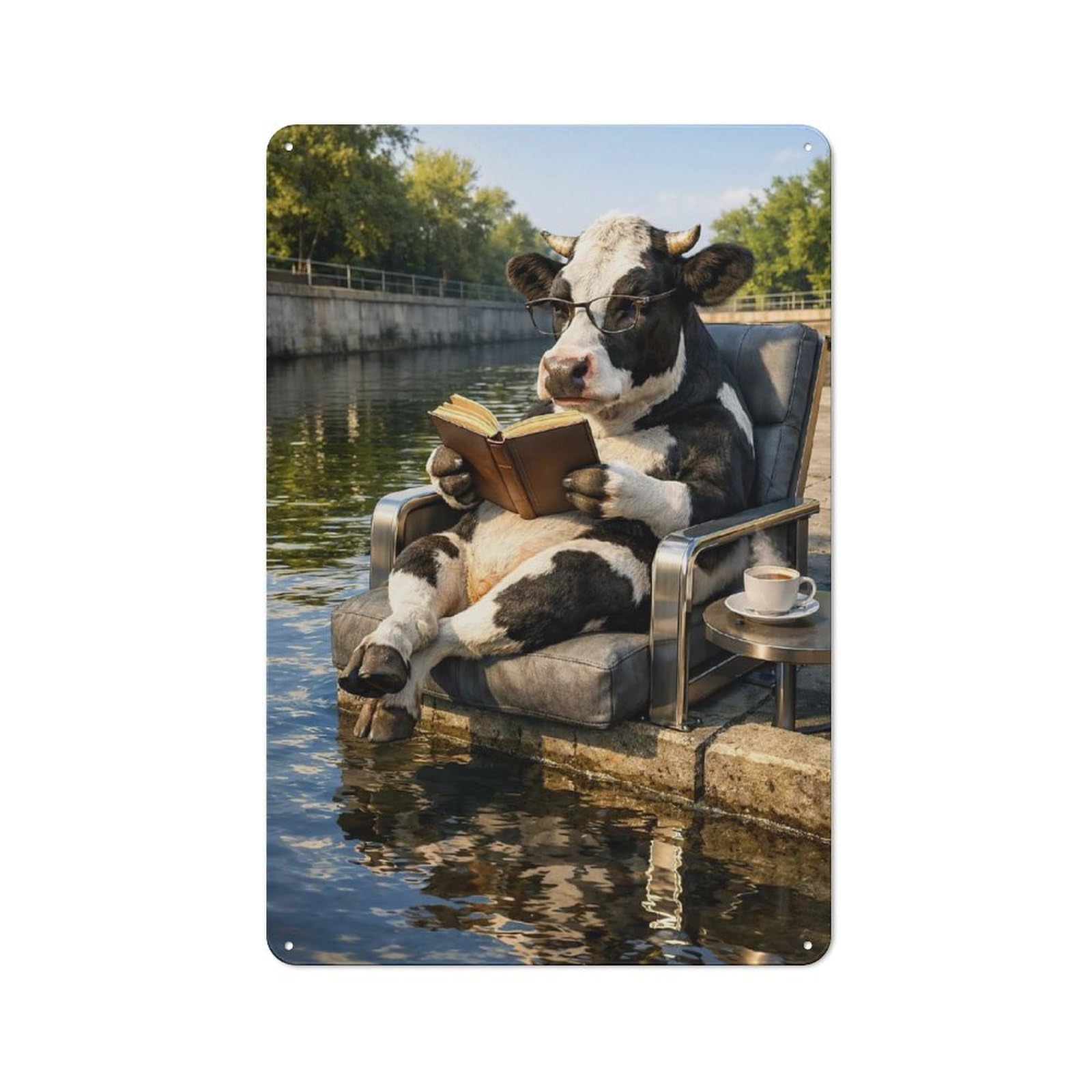 Junmoney Style-22 Cow Reading Book By The River Office Metal Sign 30X20cm, Understated Office Wall Decor For Workspace, Cafe, Shop Or Desk Area