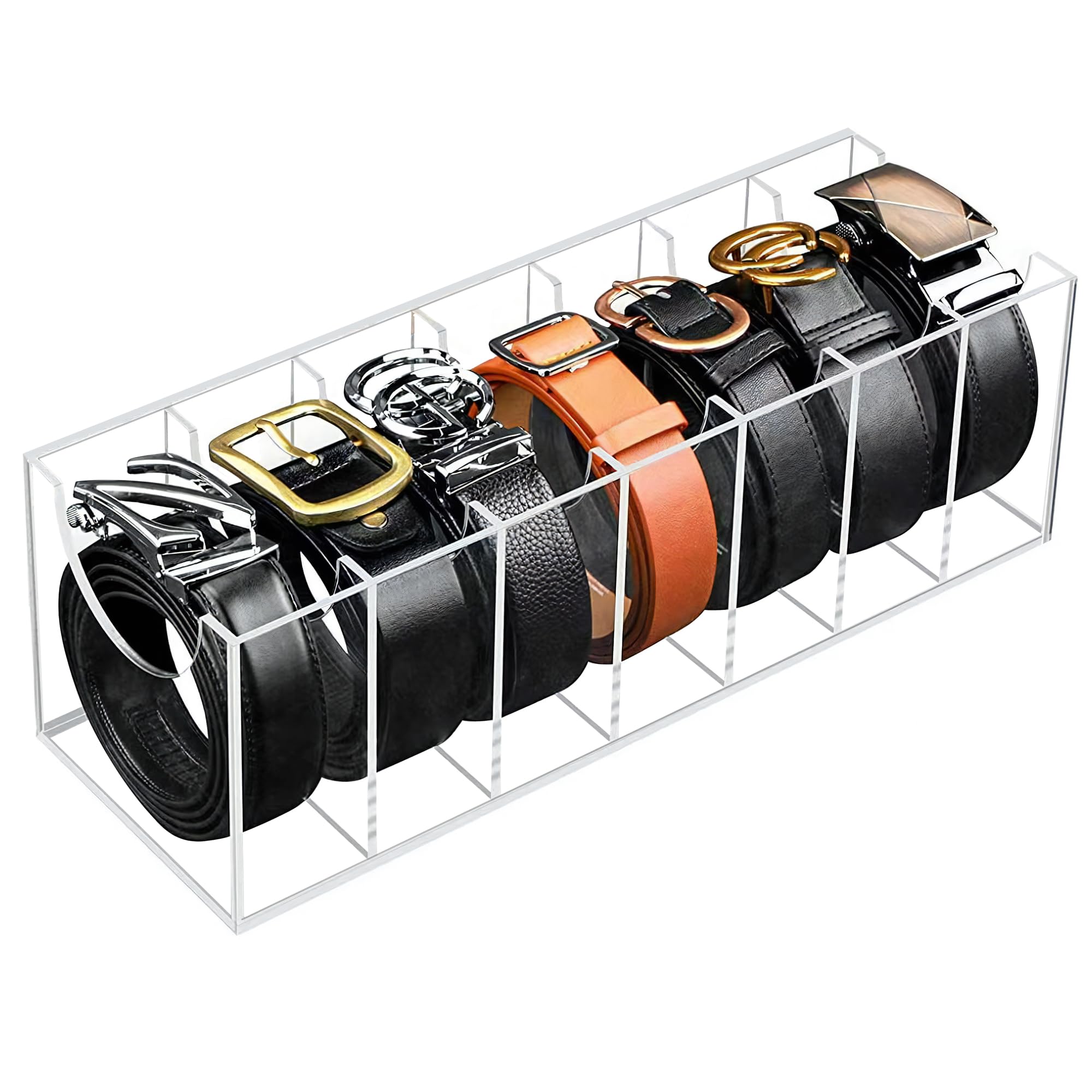 MineSignBelt Organizer with 7 Compartments Belt Storage Box for Closet Acrylic Tie Display Case Belt Holder for Men&Women