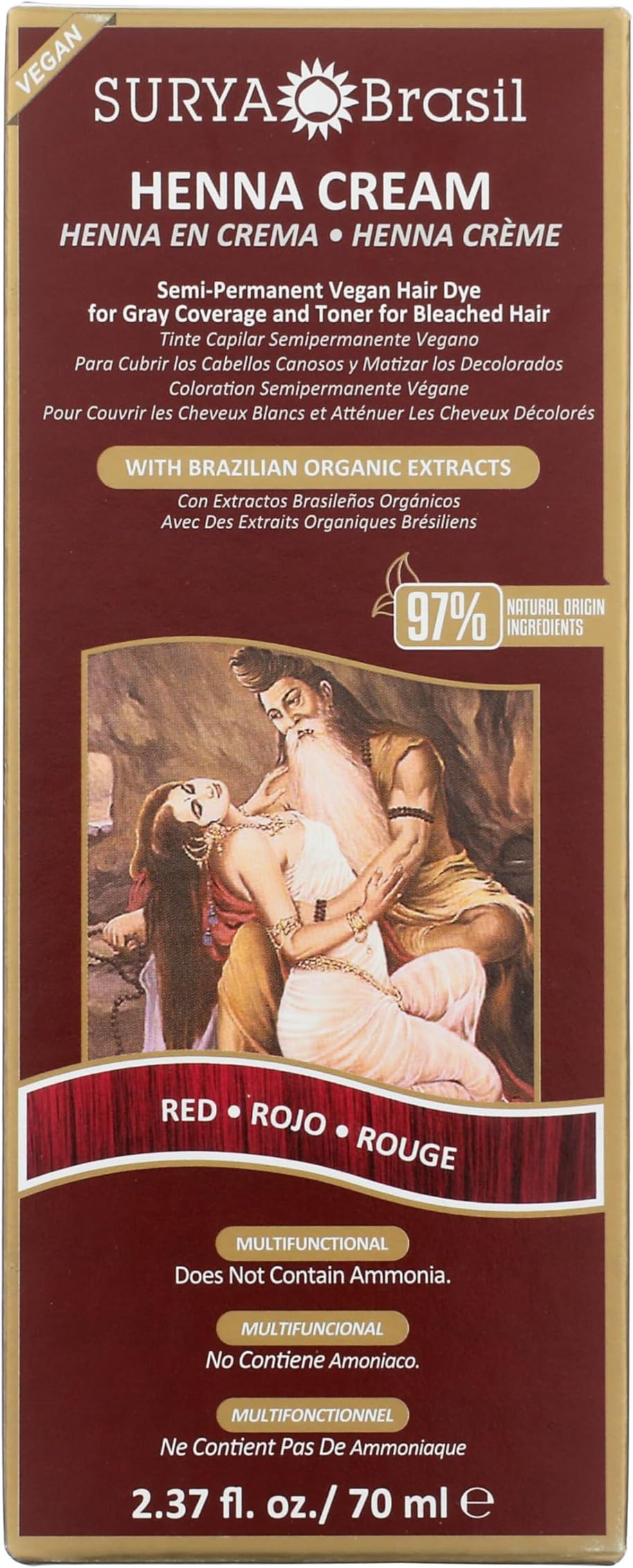 Henna Cream Red - 97% Natural Ingredients, Vegan, Cruelty-Free, Eco-Friendly, Semi-Permanent Hair Color, Deep Hydration & Shine, 2.37 oz
