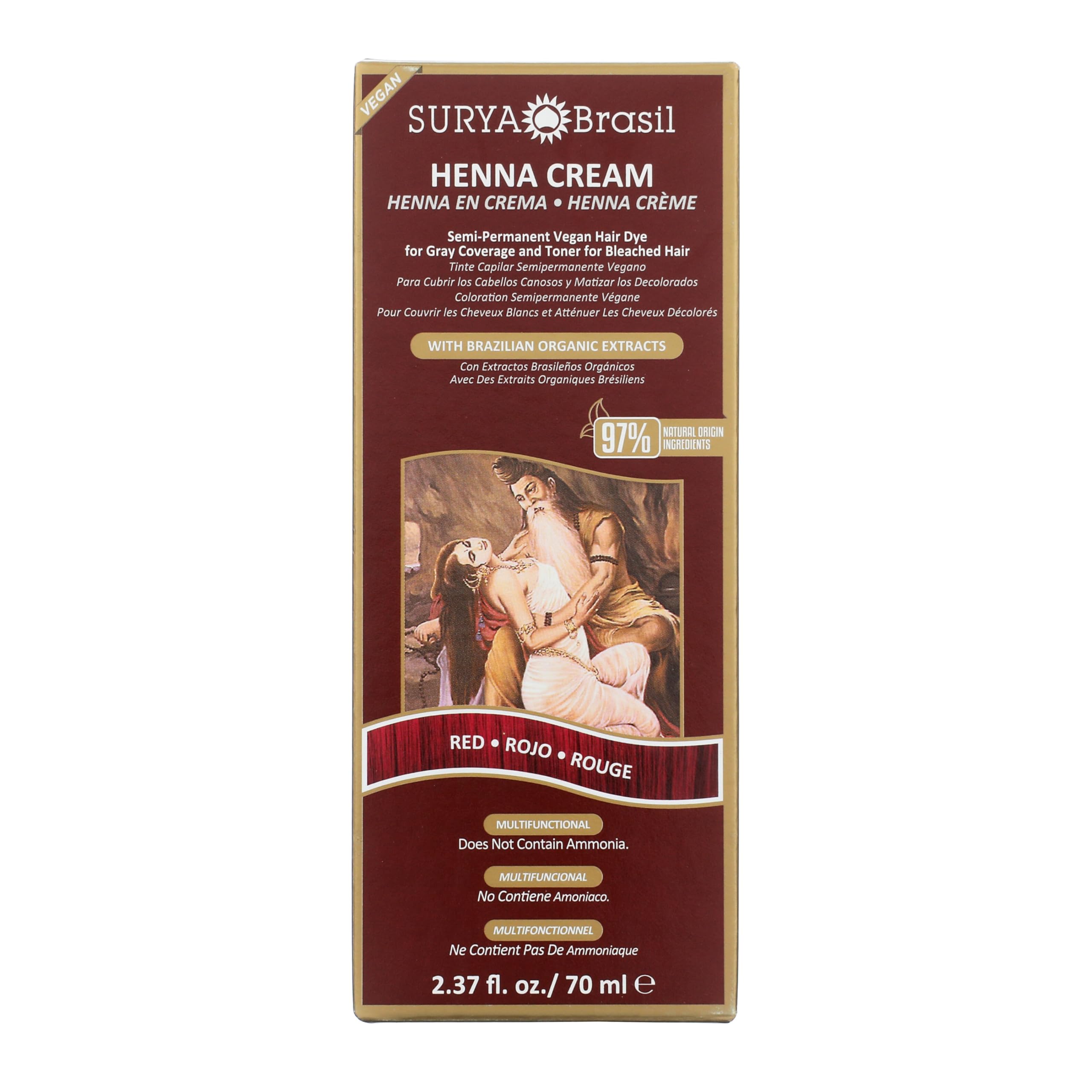 Henna Cream Red - 97% Natural Ingredients, Vegan, Cruelty-Free, Eco-Friendly, Semi-Permanent Hair Color, Deep Hydration & Shine, 2.37 oz