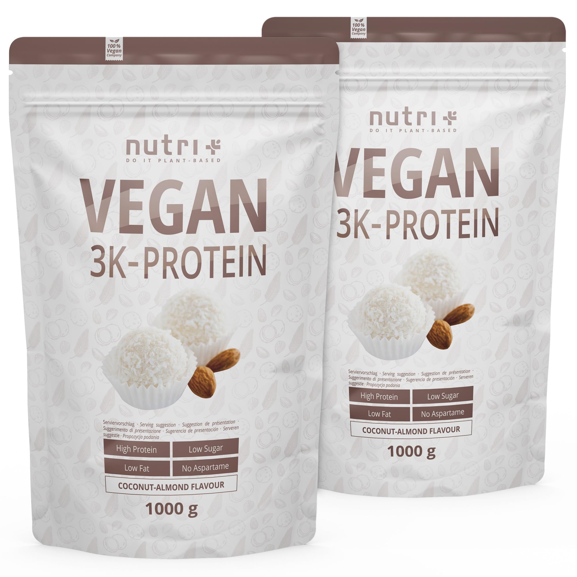 Nutri + Vegan Protein Powder Sabor a Coco y Almendra - 1000g 81% de Proteínas Origen Vegetal - Baja en Carbohidratos 3k para Batidos
