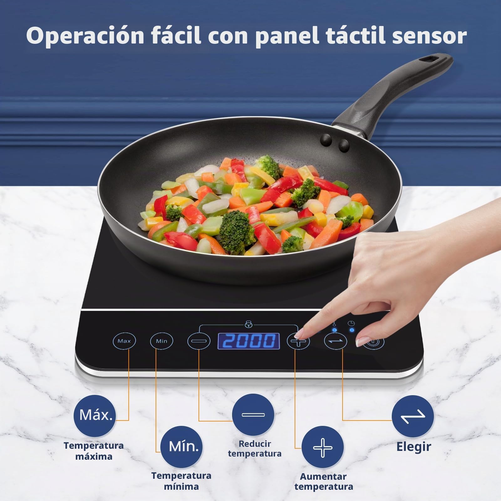 Aigostar BlueFire 30PKZ- Placa de inducción portátil, 2000 W, control táctil, 10 niveles de potencia, temporizador, pantalla digital LED. Para recipientes entre 13 y 24 cm diámetro.