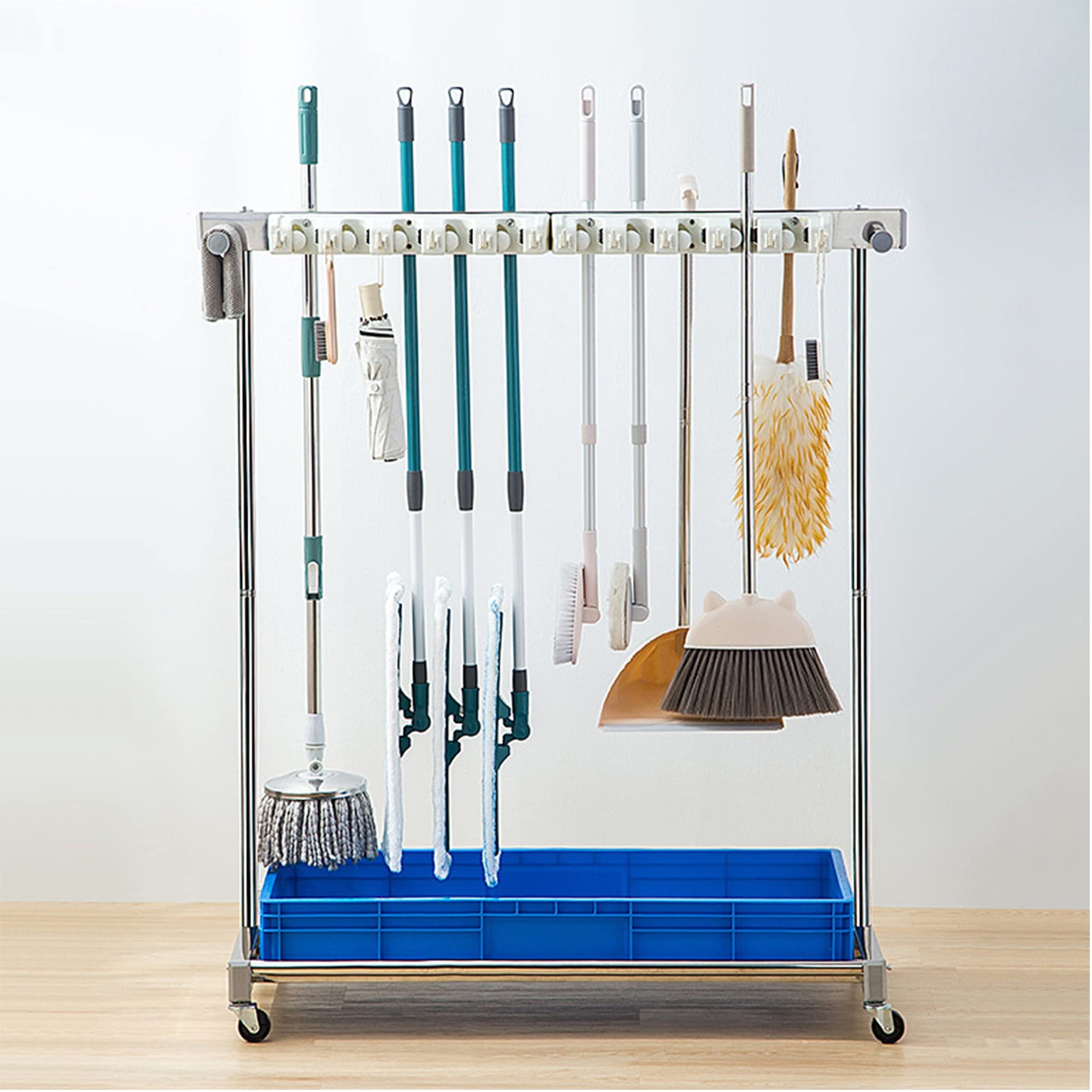 Besenhalter,wischmop Besenhalterung, Commercial Reinigungswagen,Garagenwerkzeug-Aufbewahrungsständer,mit Feststellräder,Haken,Feststellräder,für Küche ,Hotelservice,Restaurant, Büroreinigung ( Color :
