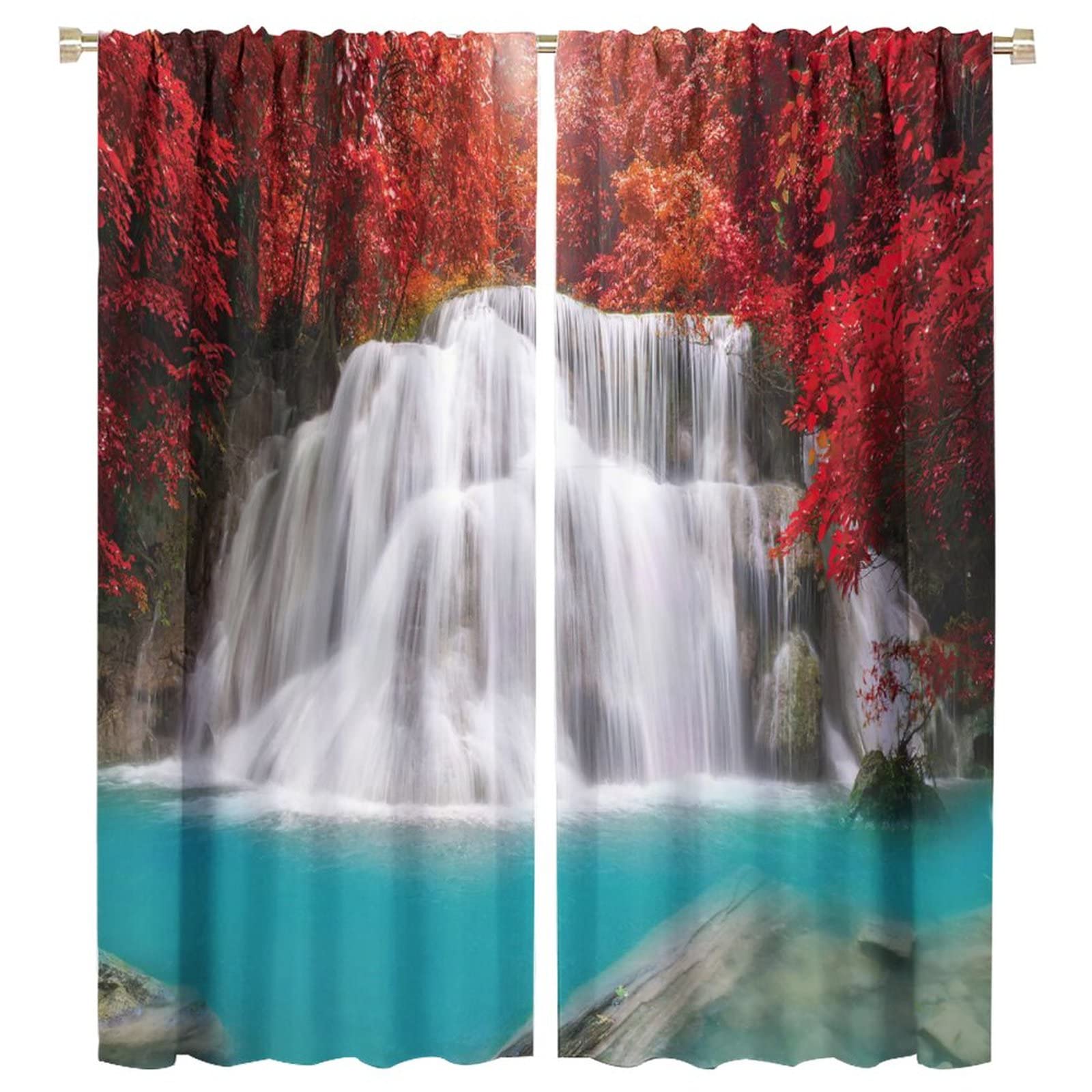 GoDazzling Red Forest Waterfall Blackout Windows Curtains, Tree Landscape Woodland Scenic Nature Fall Scenery Art Printed Curtains, for Living Room