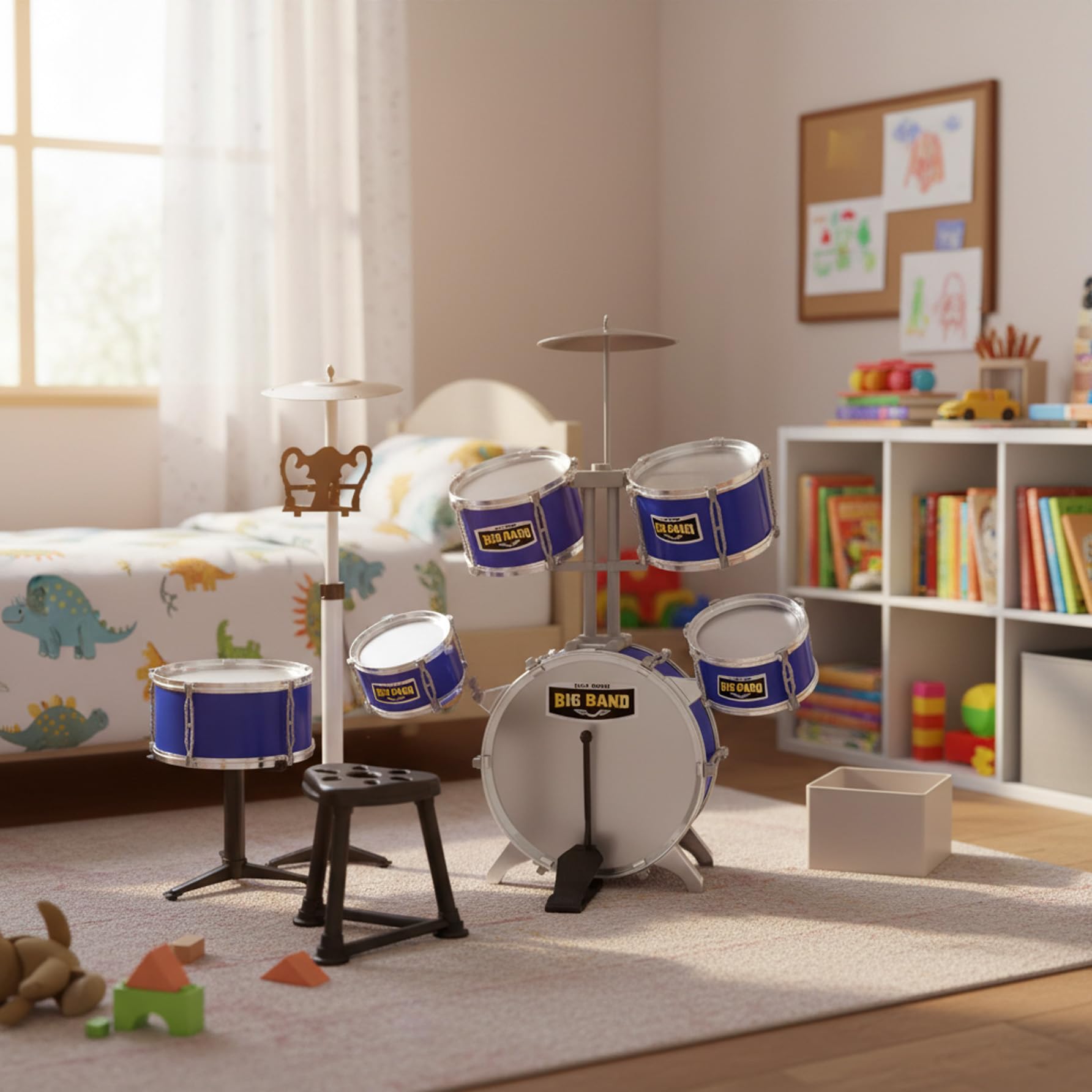 Set Batteria per Bambini Baroni Toys, Batteria Giocattolo Completa 8 Pezzi con Sgabello, Tamburi e Piatti, Gioco Musicale Educativo, +3 Anni, Blu, 72x43x83cm