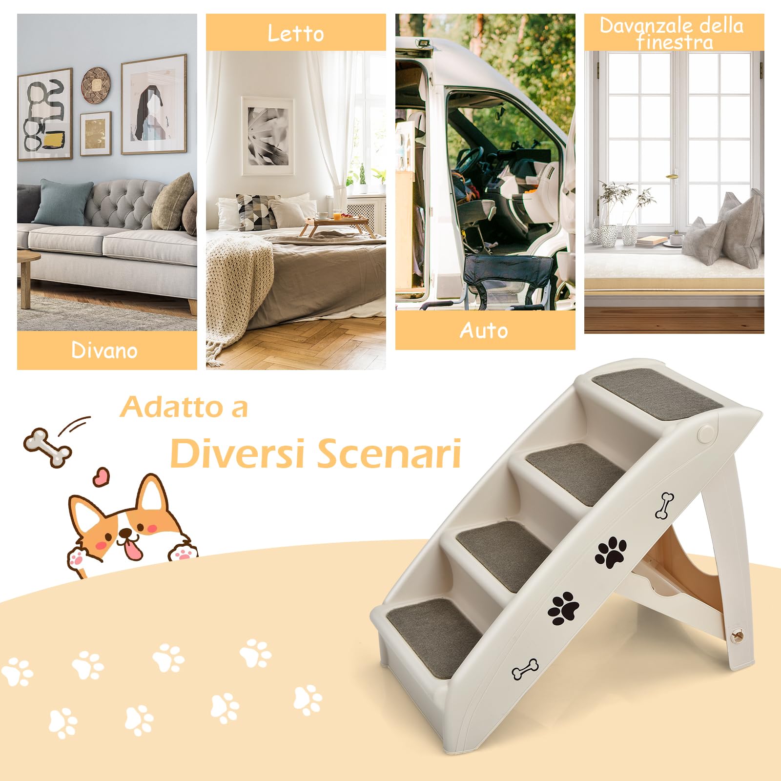 GYMAX Scaletta Pieghevole per Animali Domestici, Scaletta a 4 Gradini per Gatti e Cani in Plastica con Rivestimento Antiscivolo, Facile da Salire e Scendere, Carico di 60 kg, 62 x 38 x 50 cm (Beige)