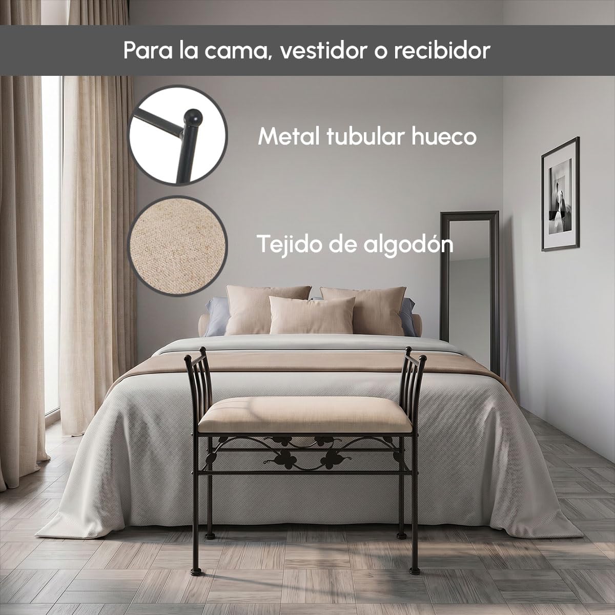 LOLAhome Banqueta para pie de Cama de Metal Negro y Asiento de Lino Beige | Taburete para dormitorio o vestidor de 68cm de largo y 30cm de ancho. Altura asiento 46cm. Altura total 64cm